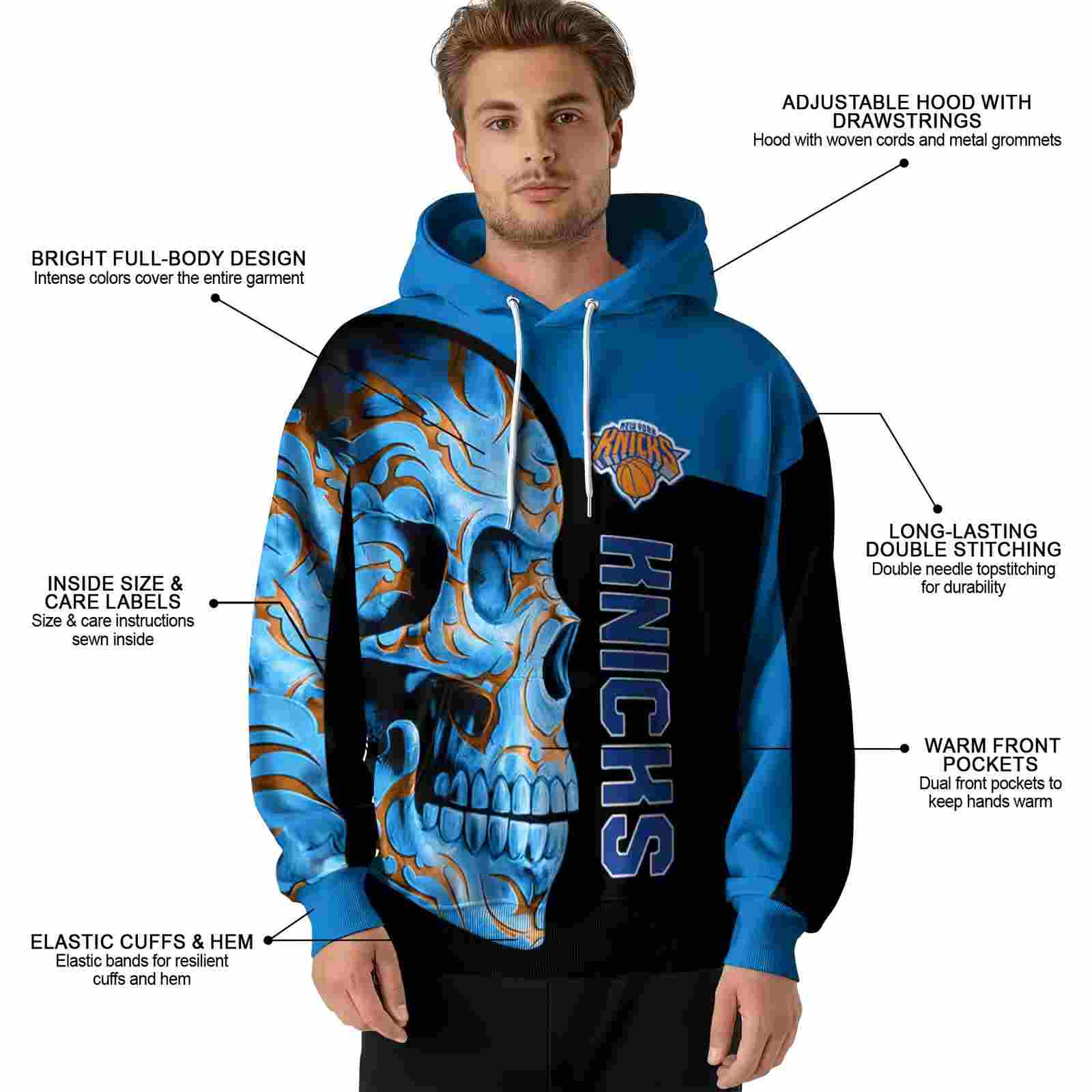 new york knicks skull motif blue black hoodie latest model