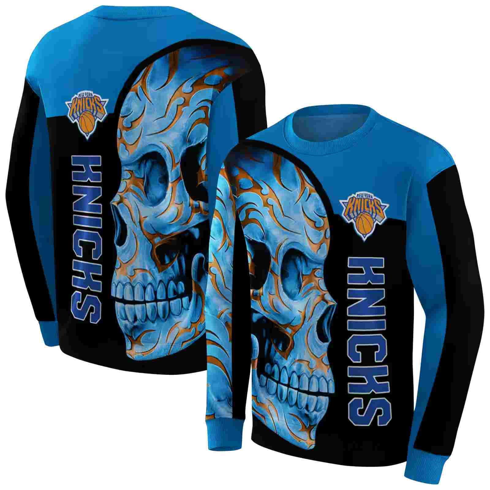 new york knicks skull motif blue black hoodie premium grade