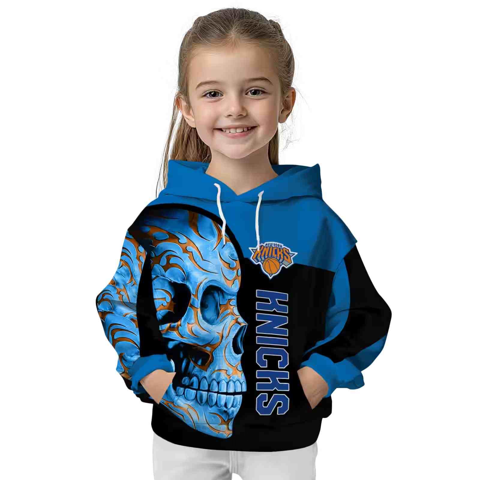 new york knicks skull motif blue black hoodie top rated