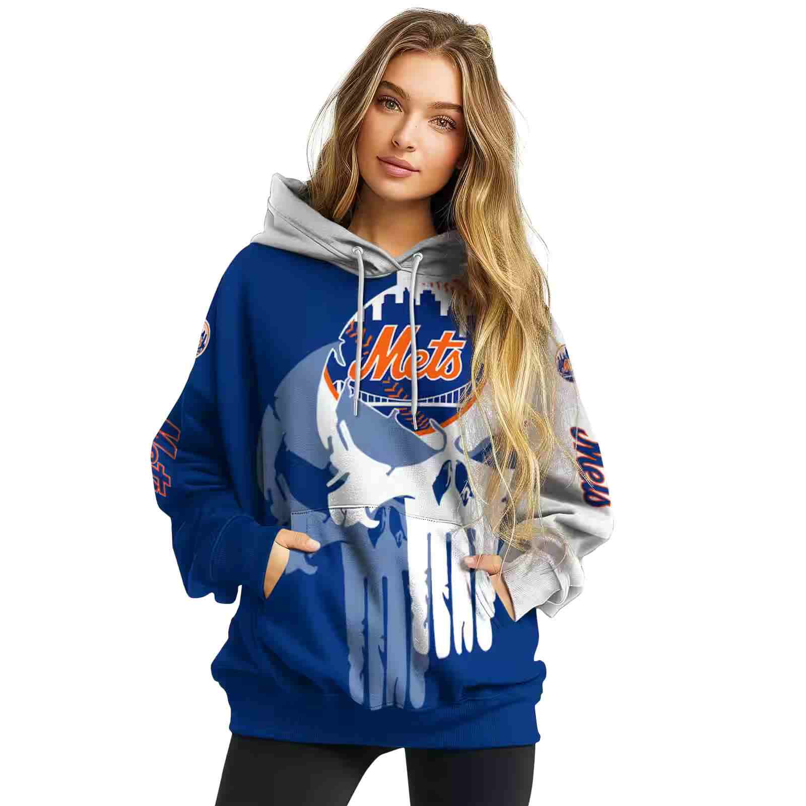 new york mets graphic punisher blue white hoodie high quality