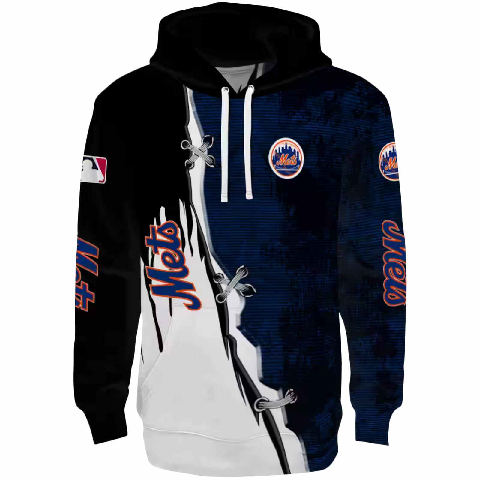 New York Mets Ripped Pattern Blue Black White Hoodie