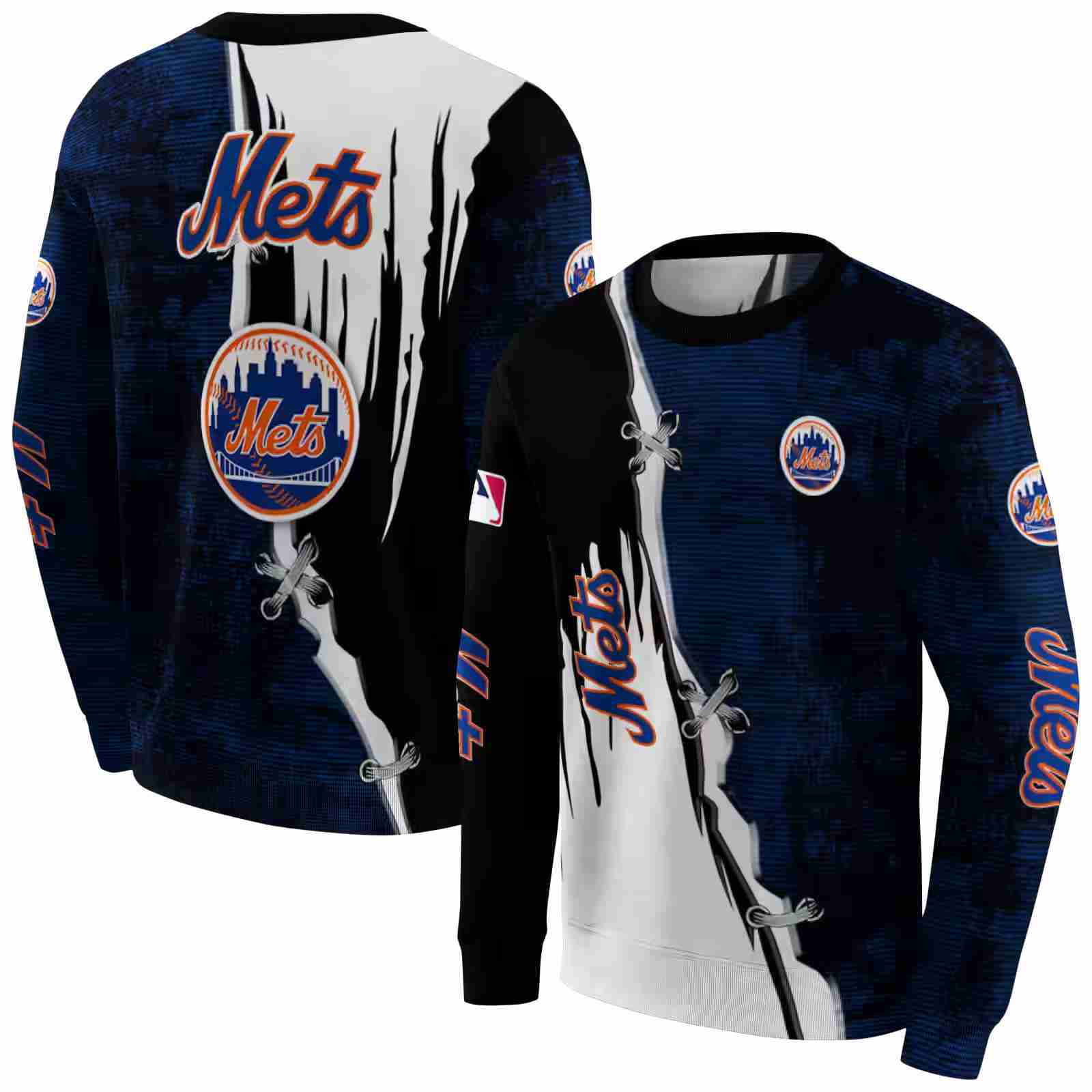 new york mets ripped pattern blue black white hoodie premium grade