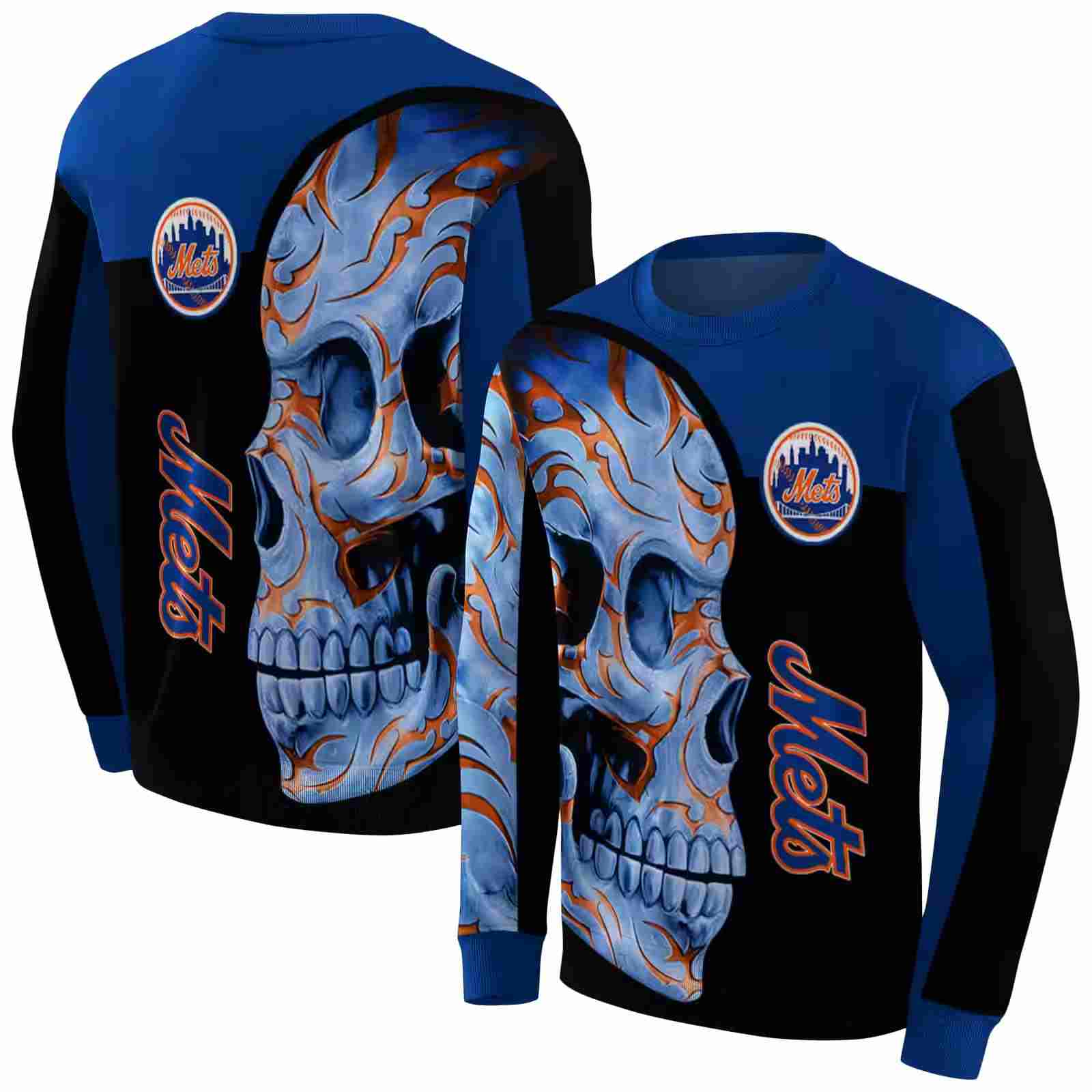 new york mets skull motif blue black hoodie premium grade