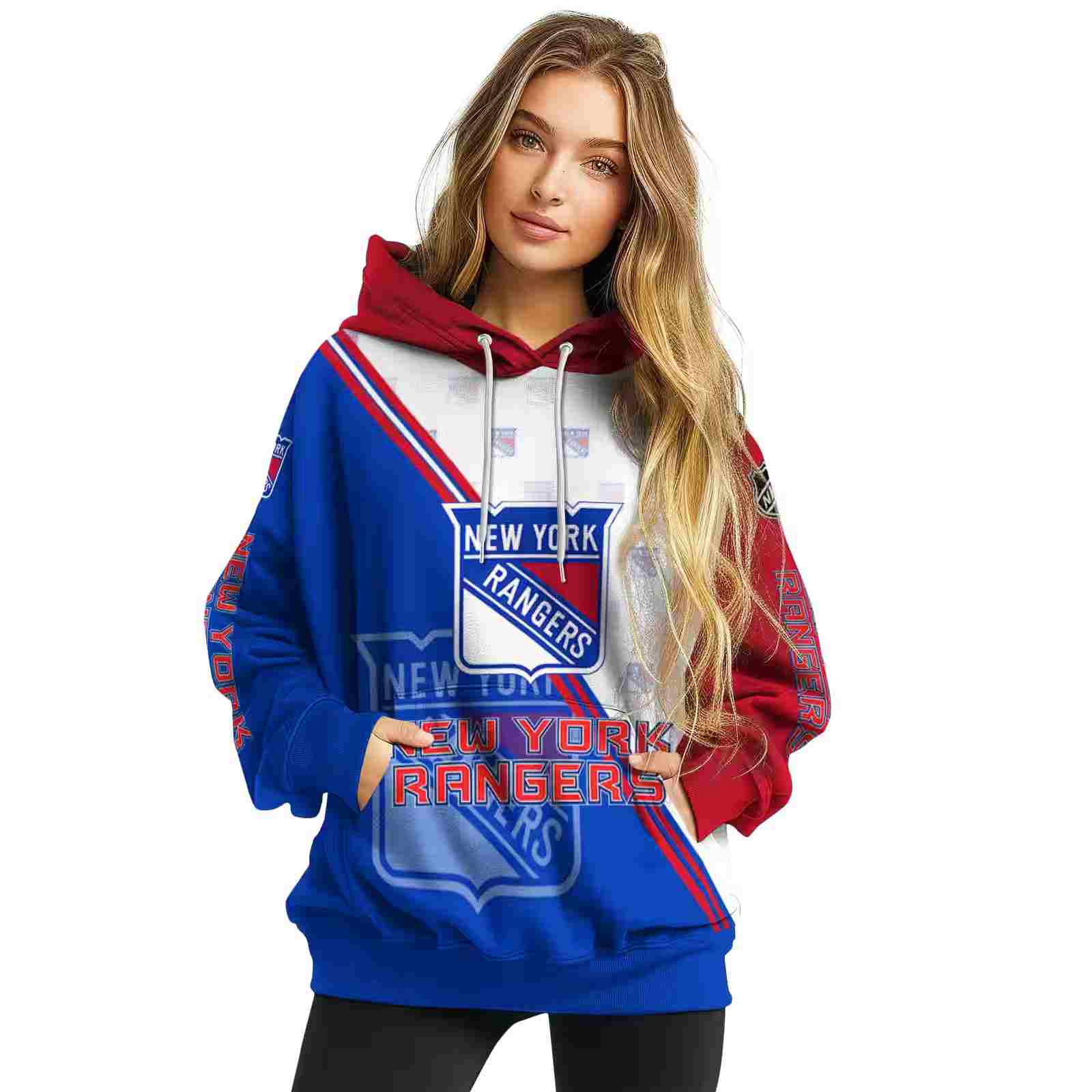 new york rangers diagonal stripe blue white hoodie high quality