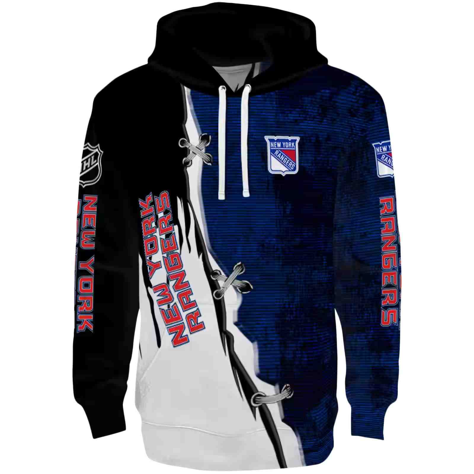 New York Rangers Ripped Pattern Blue Black White Hoodie