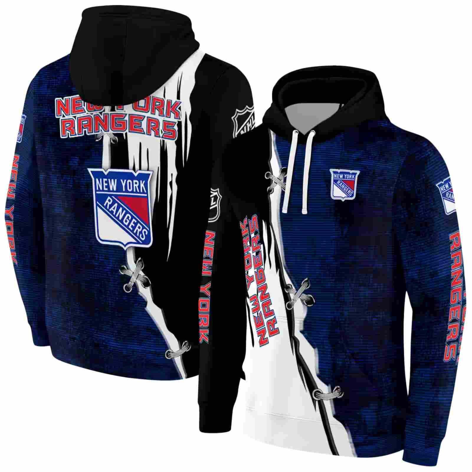 new york rangers ripped pattern blue black white hoodie fashion forward