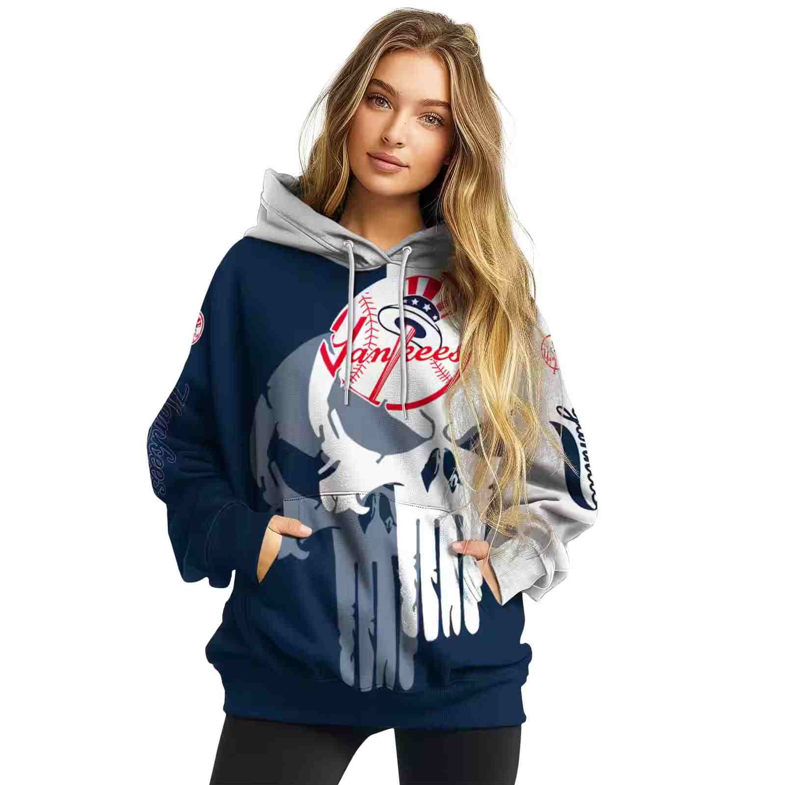 new york yankees graphic punisher navy white hoodie high quality