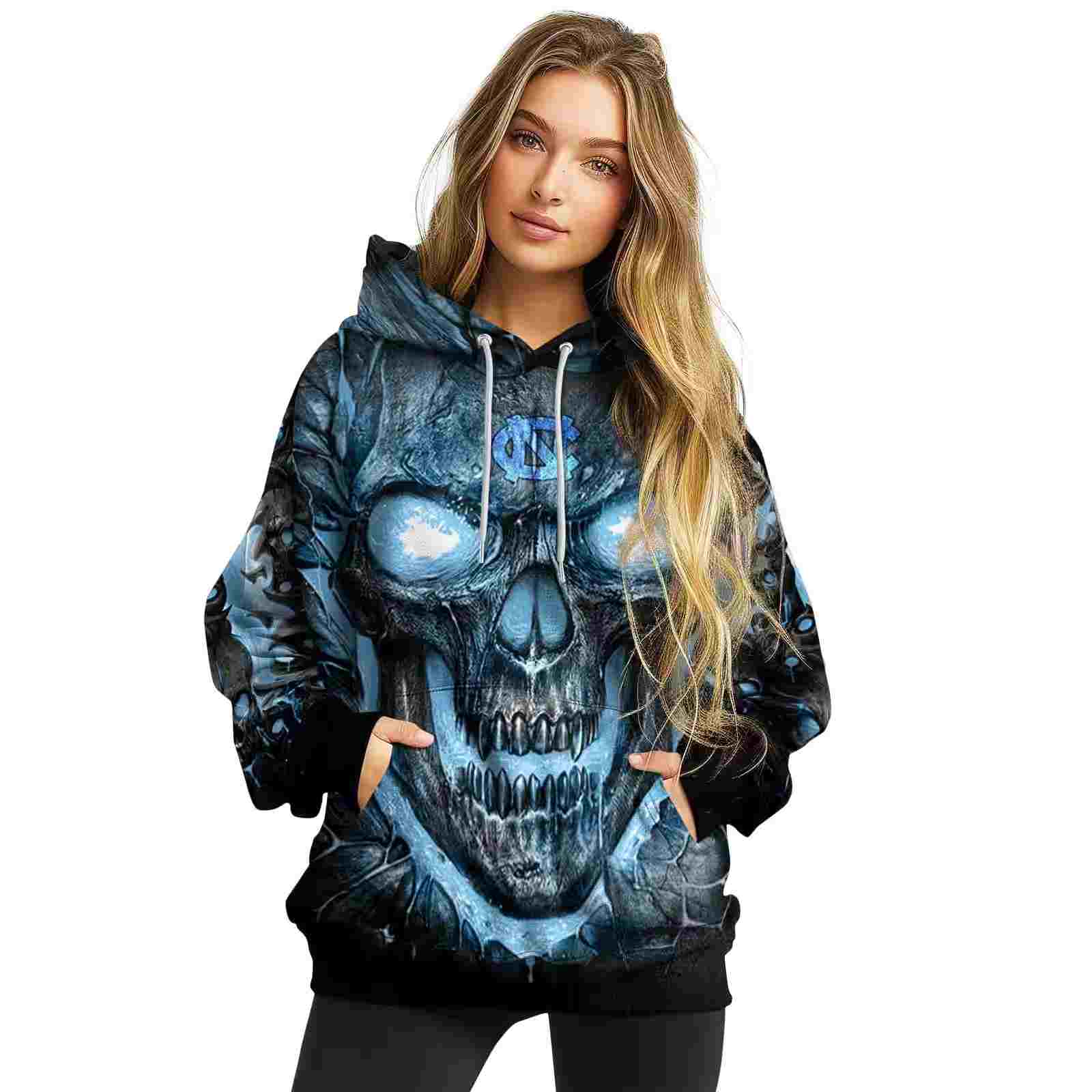 north carolina tar heels demonic skull light blue black hoodie high quality