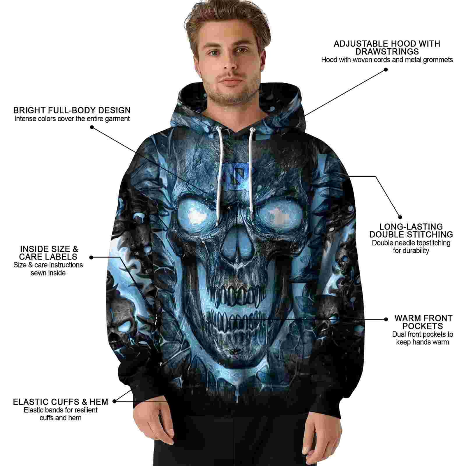 north carolina tar heels demonic skull light blue black hoodie latest model