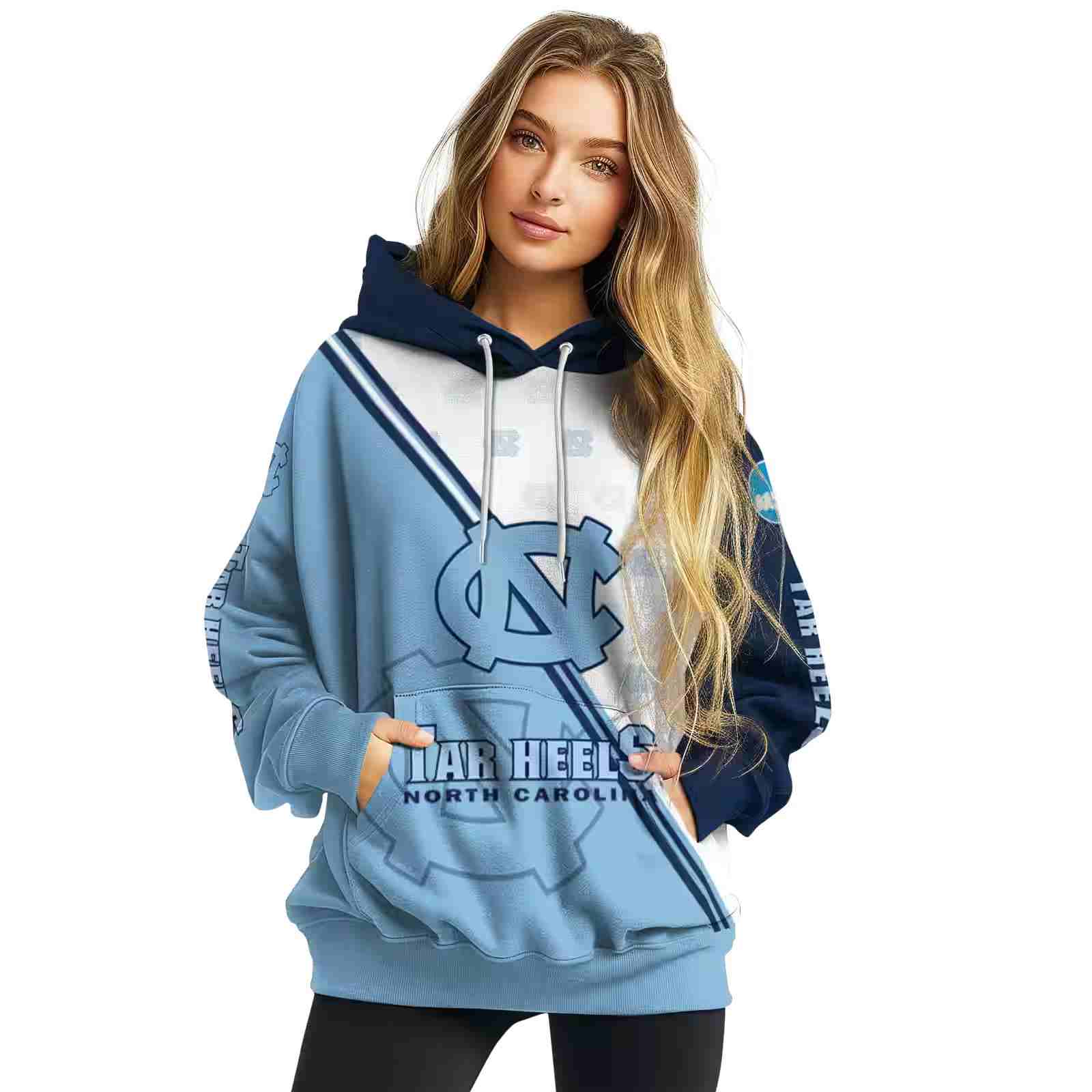 north carolina tar heels diagonal stripe light blue white hoodie high quality