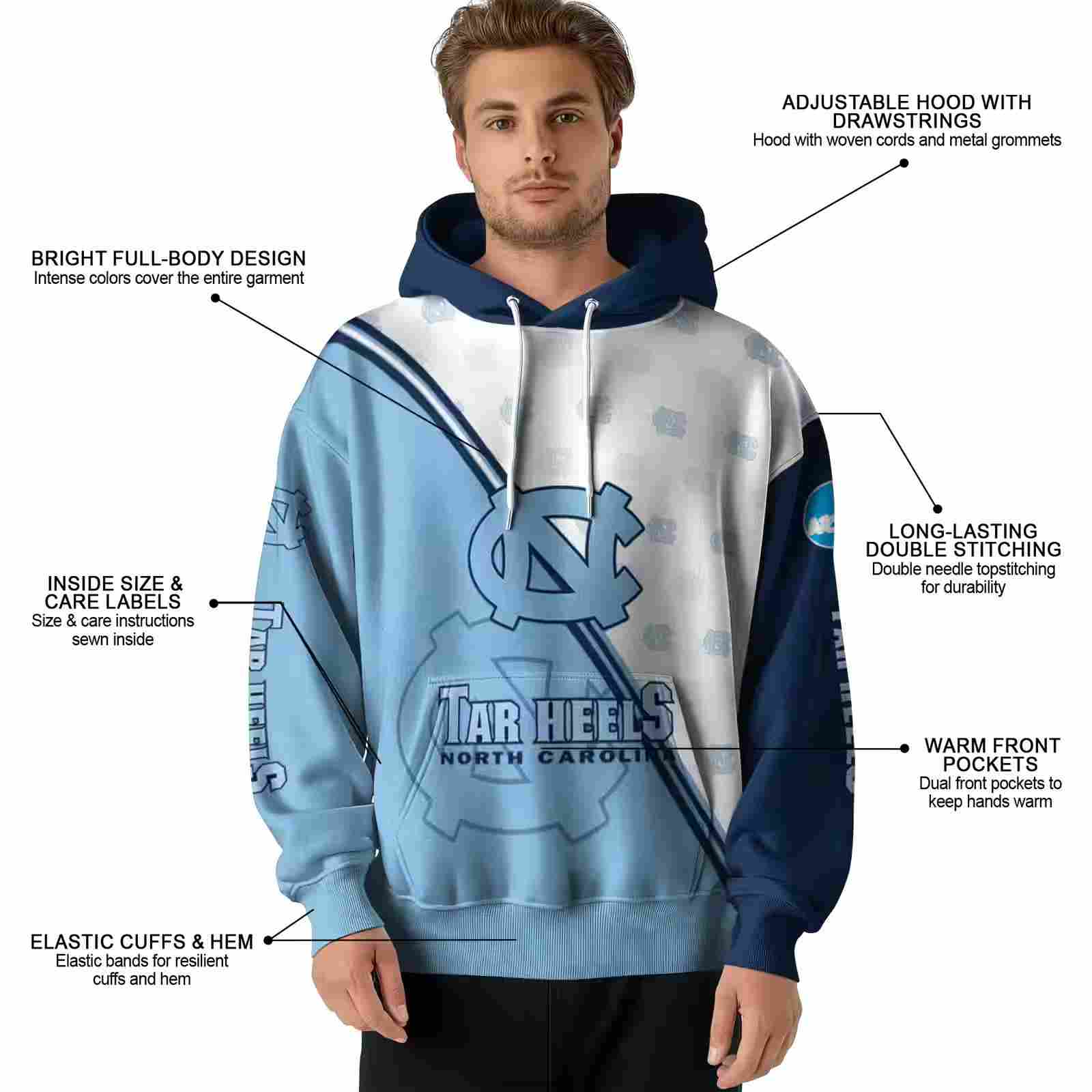 north carolina tar heels diagonal stripe light blue white hoodie latest model