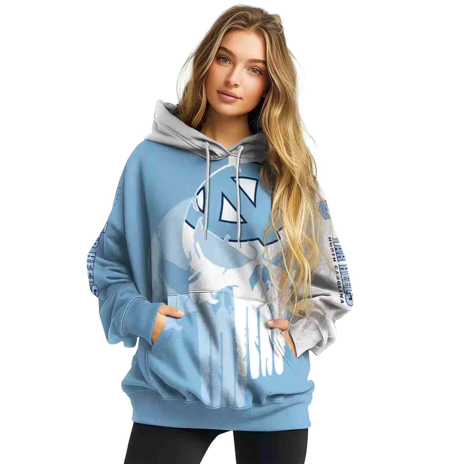 north carolina tar heels graphic punisher light blue white hoodie high quality