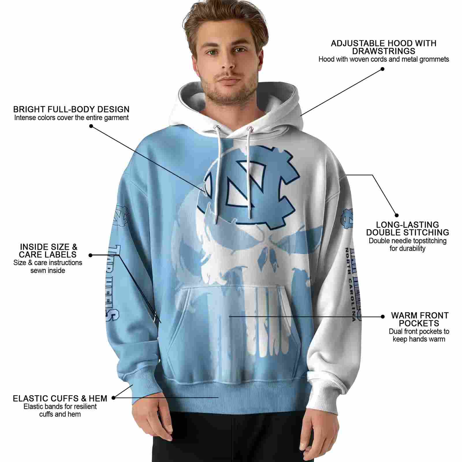 north carolina tar heels graphic punisher light blue white hoodie latest model