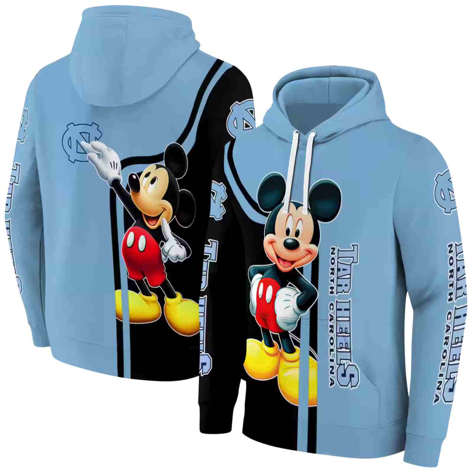 north carolina tar heels mickey mouse light blue black hoodie fashion forward