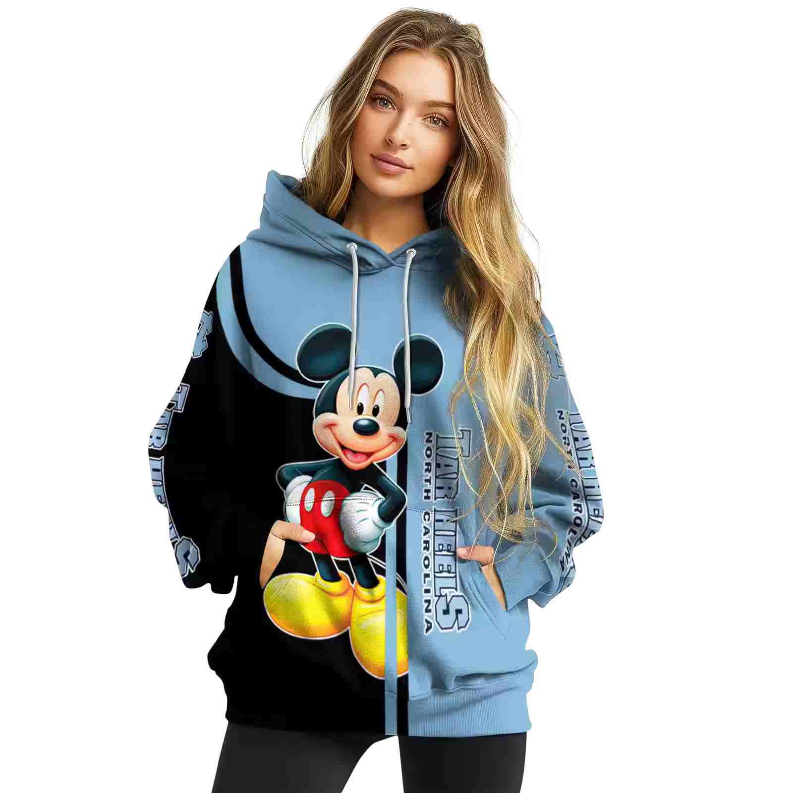 north carolina tar heels mickey mouse light blue black hoodie high quality