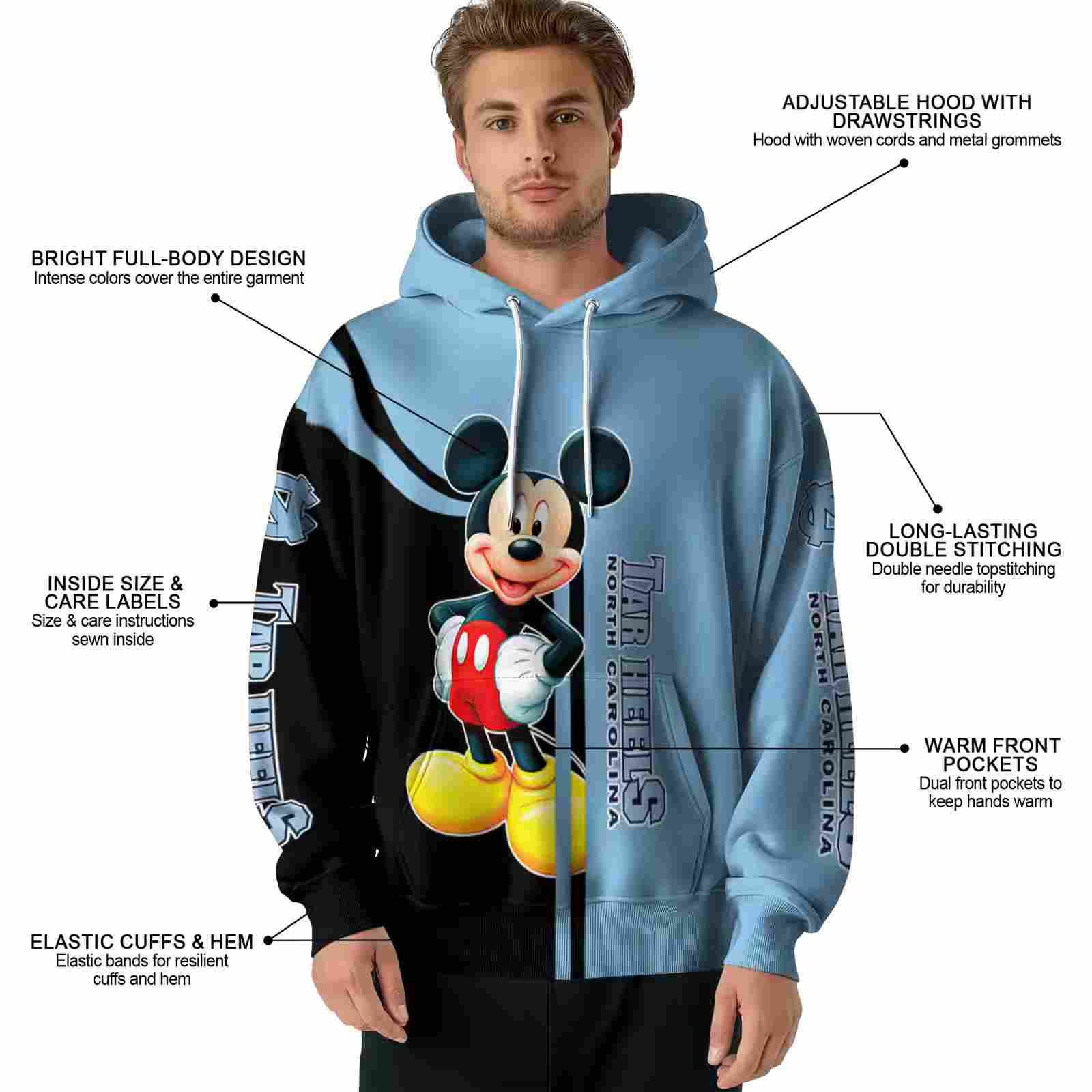 north carolina tar heels mickey mouse light blue black hoodie latest model