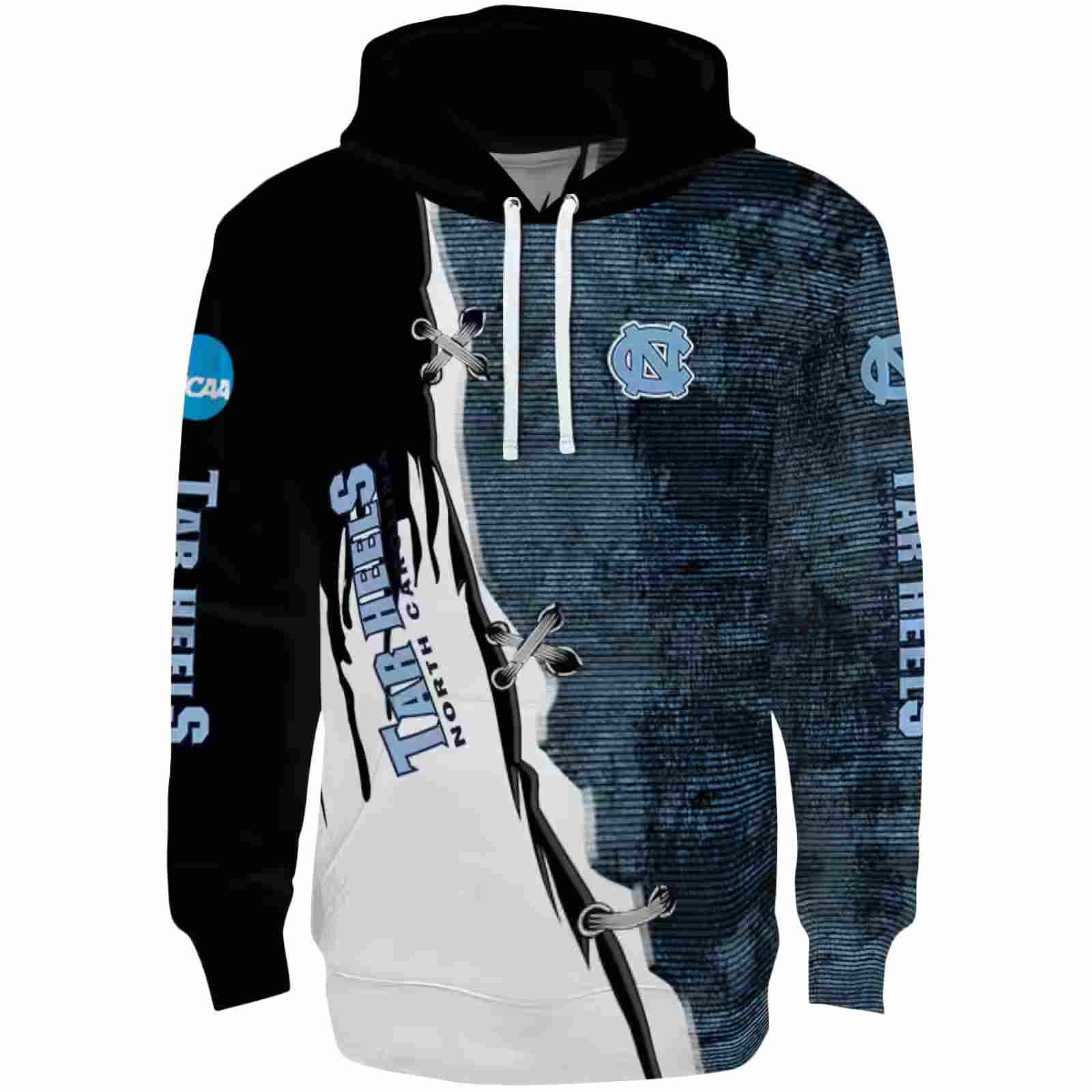 North Carolina Tar Heels Ripped Pattern Light Blue Black White Hoodie