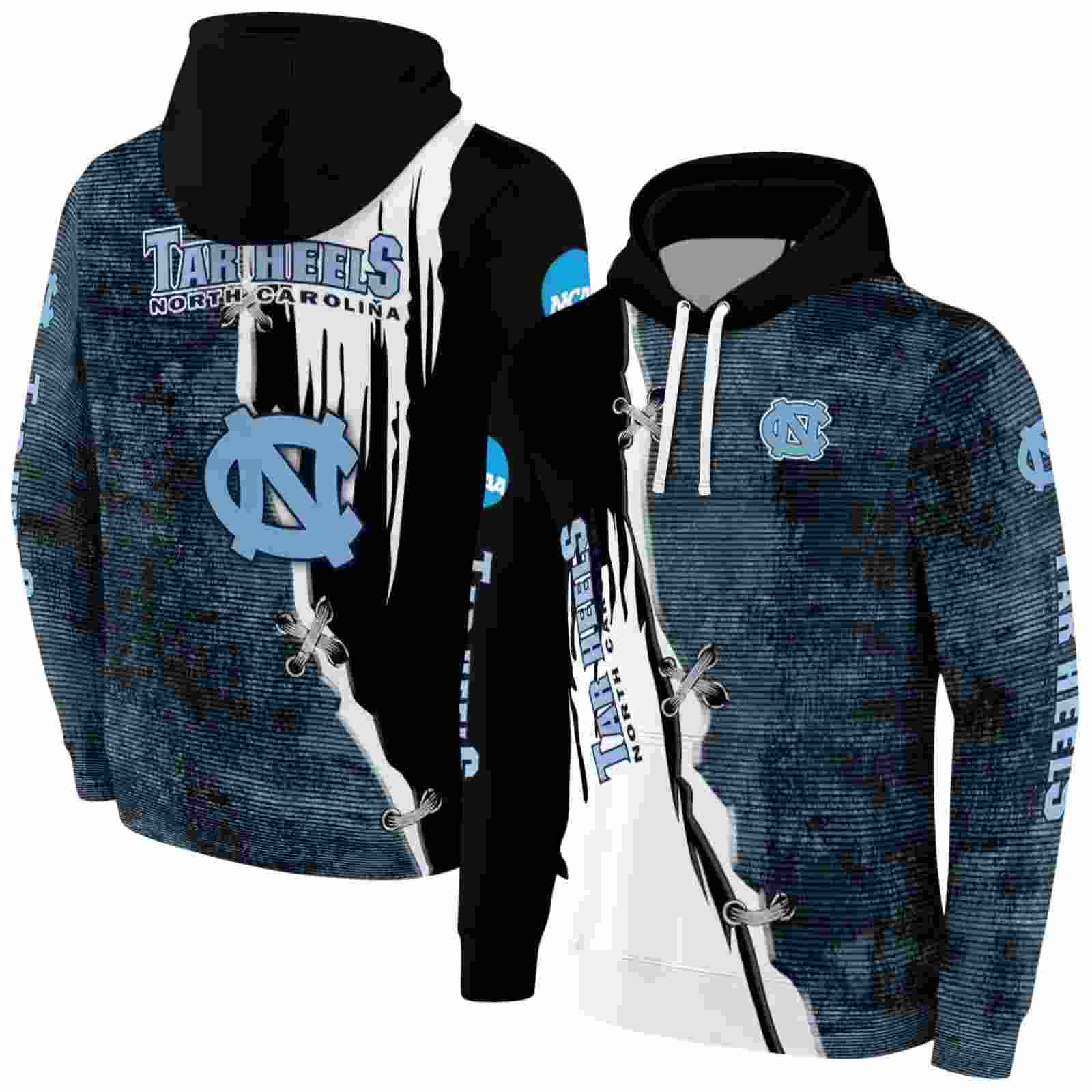 north carolina tar heels ripped pattern light blue black white hoodie fashion forward