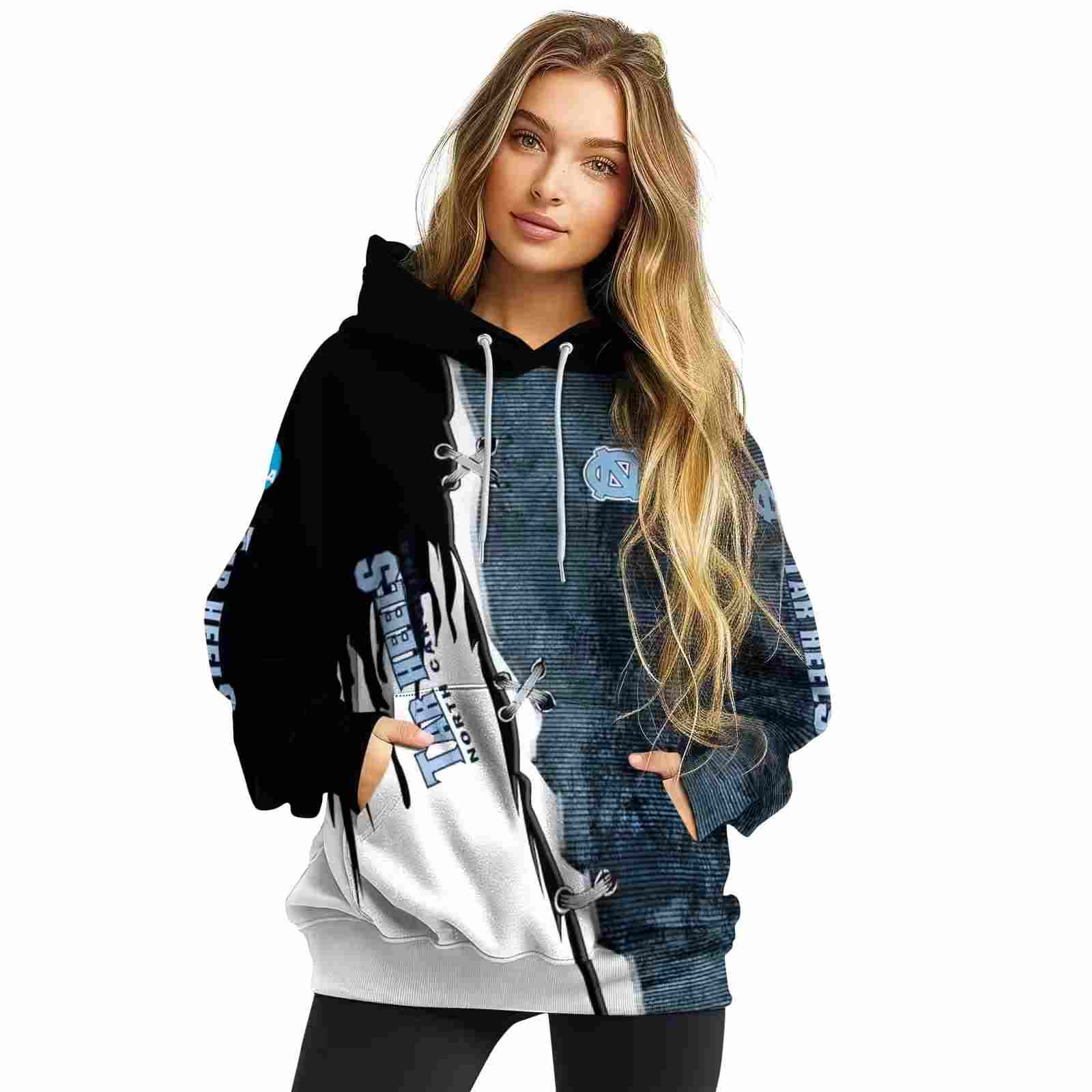 north carolina tar heels ripped pattern light blue black white hoodie high quality