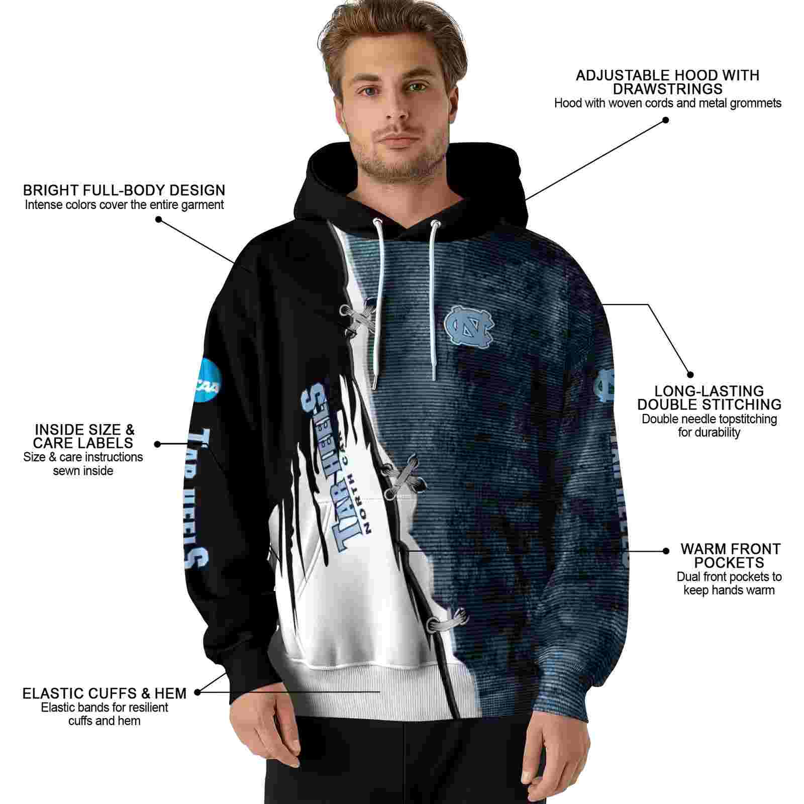 north carolina tar heels ripped pattern light blue black white hoodie latest model