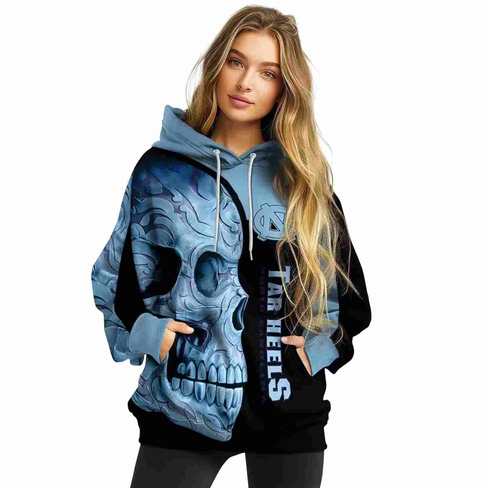 north carolina tar heels skull motif light blue black hoodie high quality