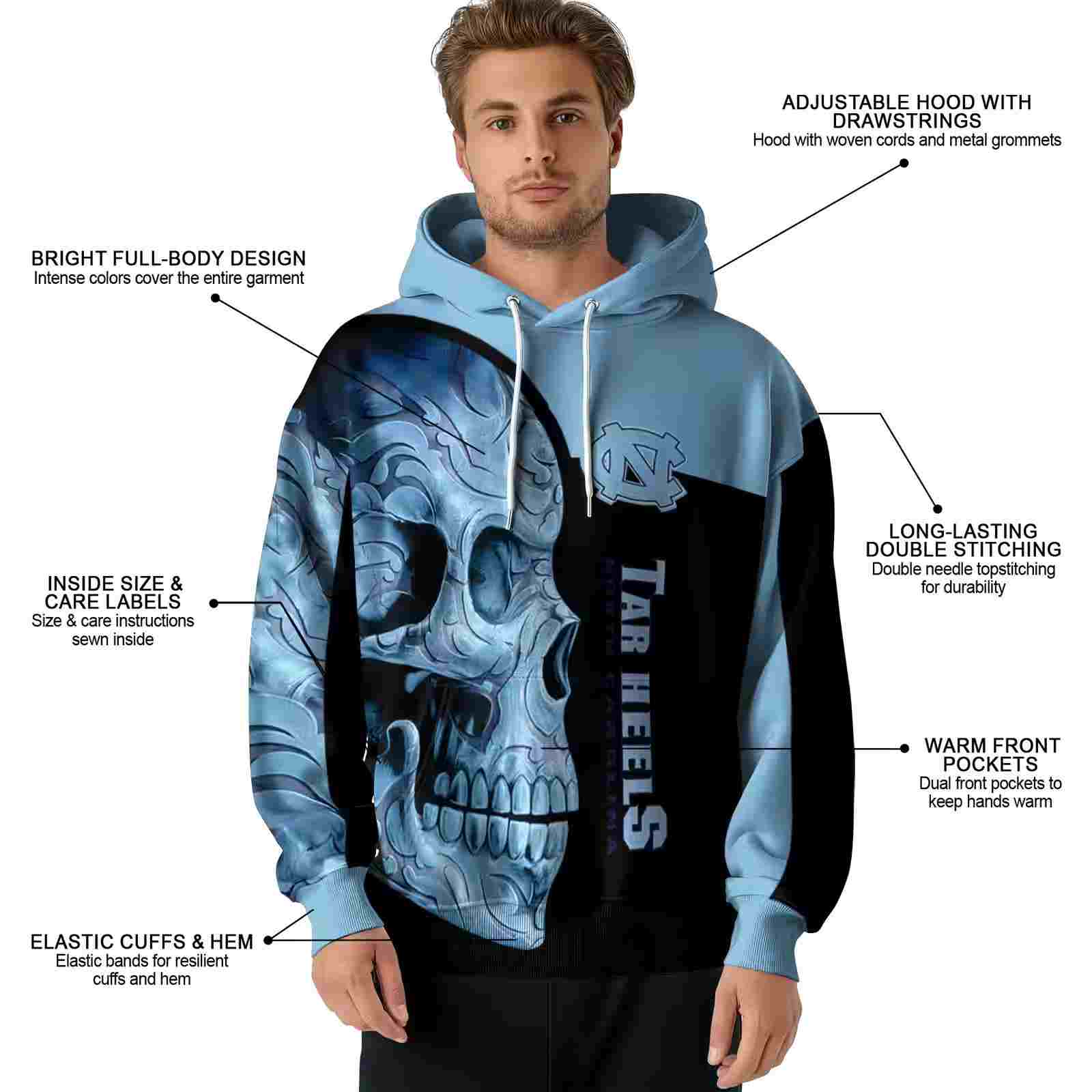 north carolina tar heels skull motif light blue black hoodie latest model