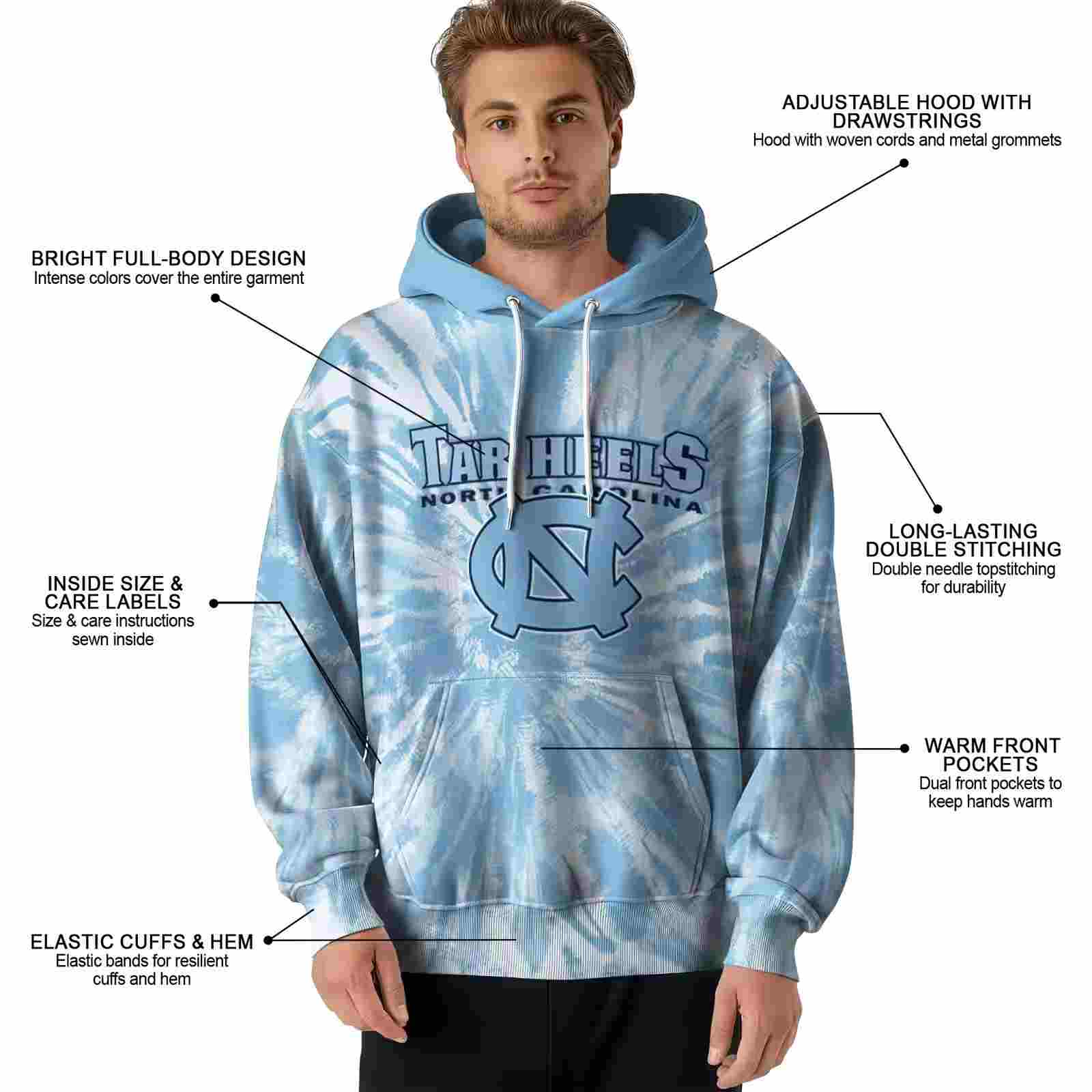 north carolina tar heels tie dye pattern light blue hoodie latest model