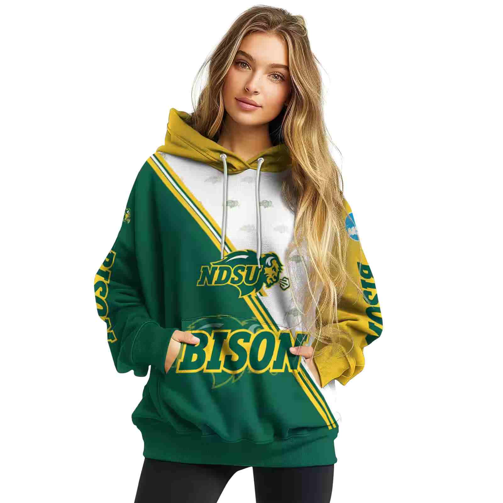 north dakota state bison diagonal stripe green white hoodie high quality