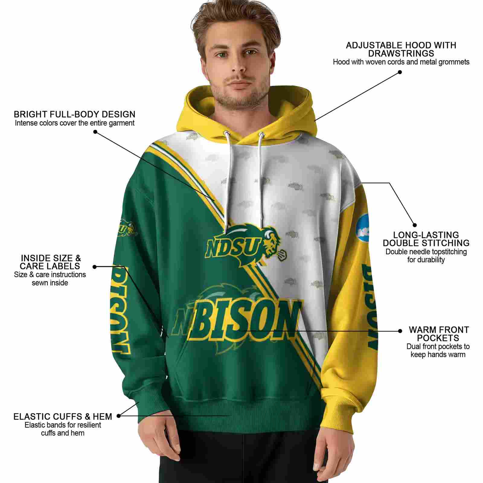 north dakota state bison diagonal stripe green white hoodie latest model