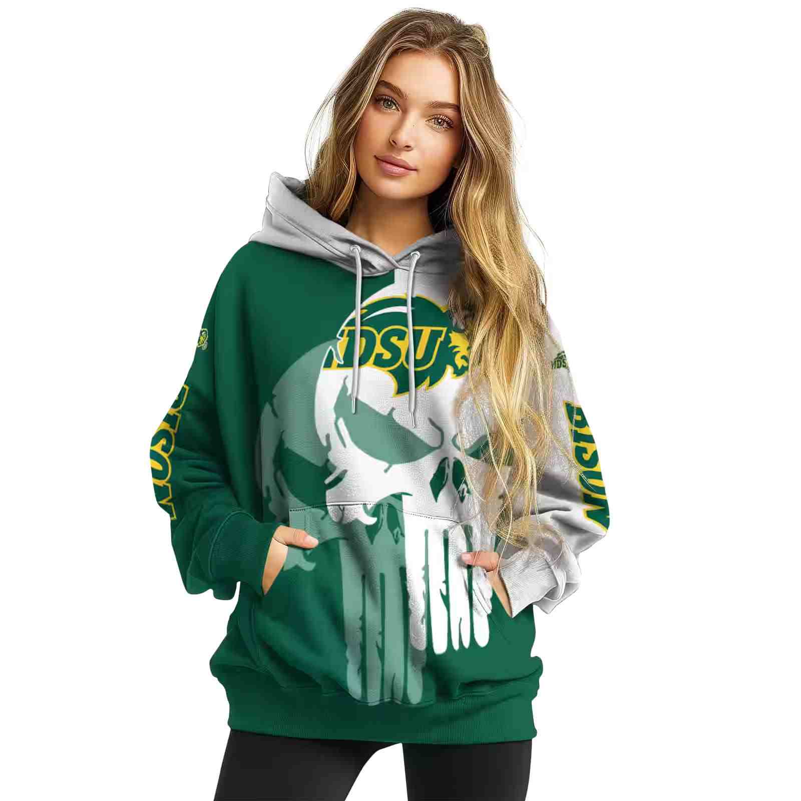 north dakota state bison graphic punisher green white hoodie high quality