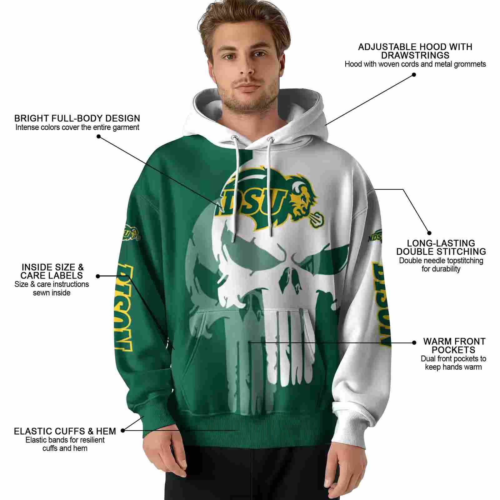 north dakota state bison graphic punisher green white hoodie latest model