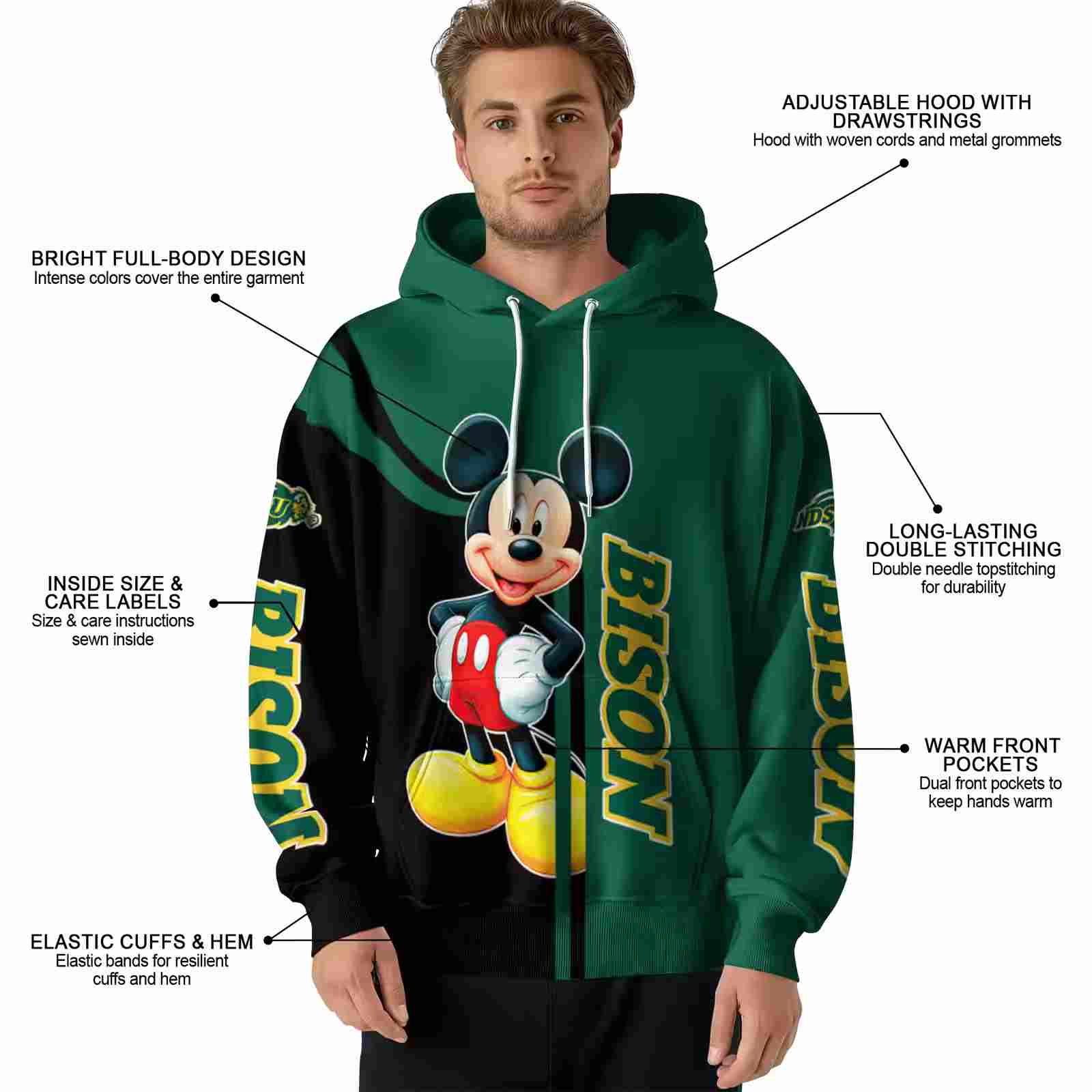 north dakota state bison mickey mouse green black hoodie latest model