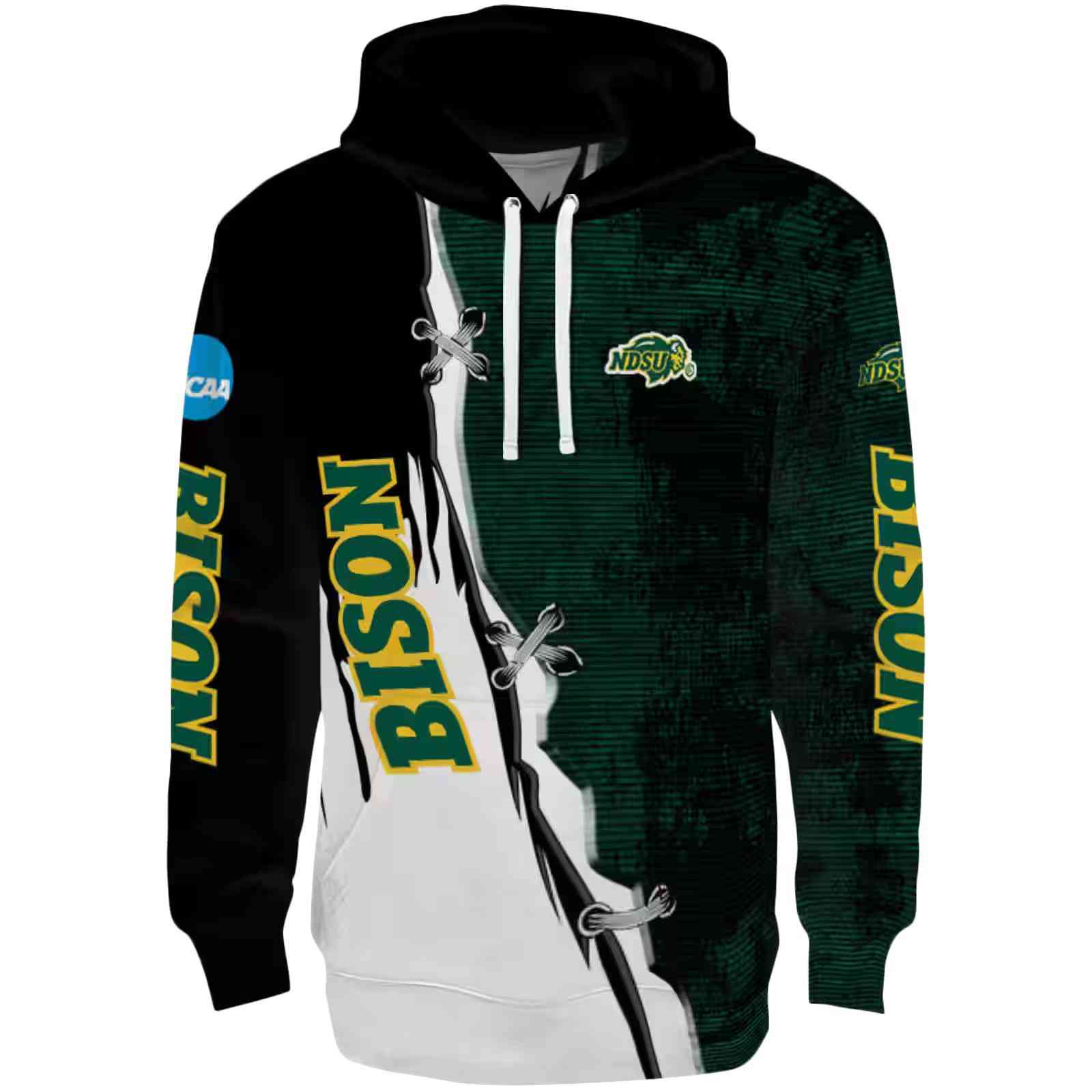 North Dakota State Bison Ripped Pattern Green Black White Hoodie