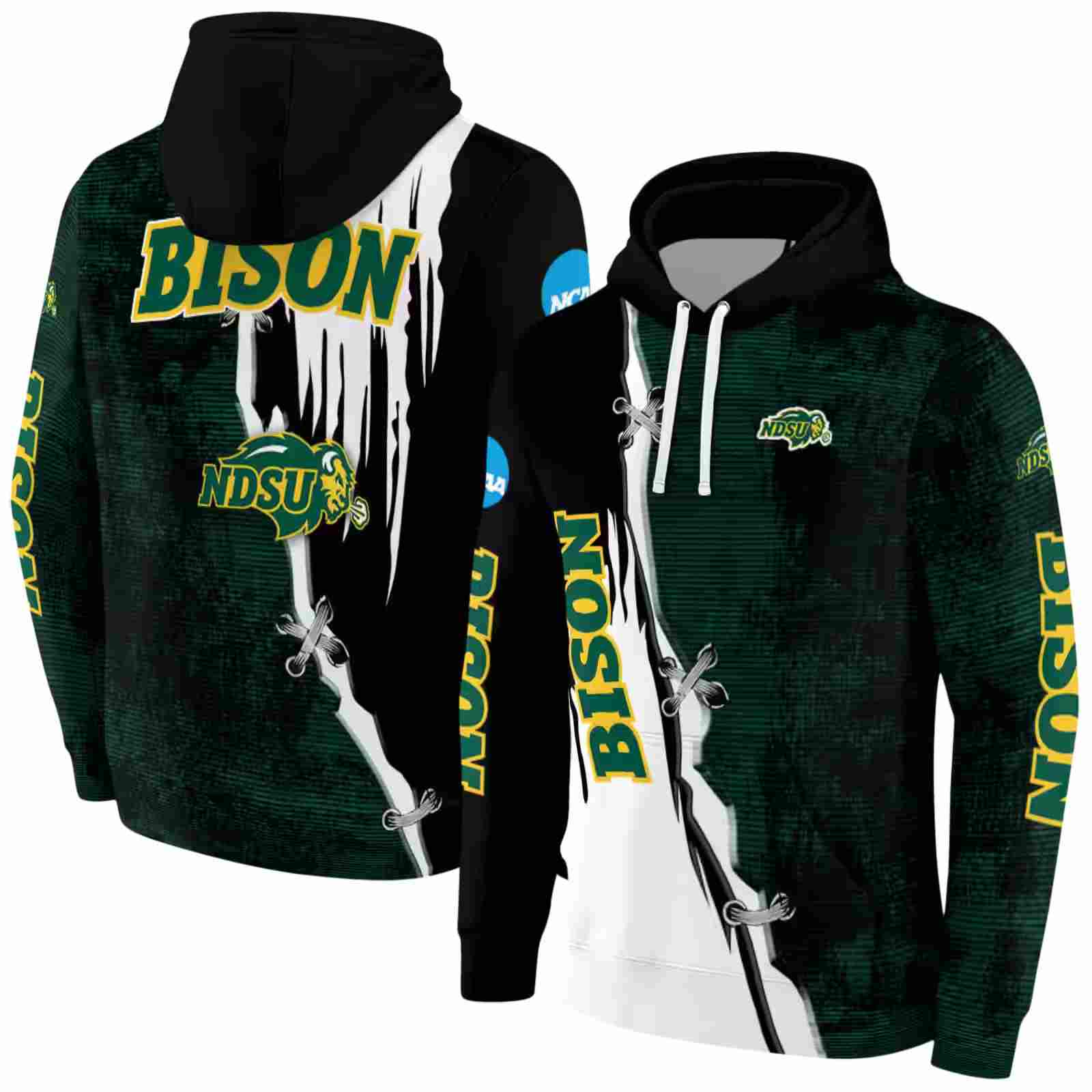 north dakota state bison ripped pattern green black white hoodie fashion forward