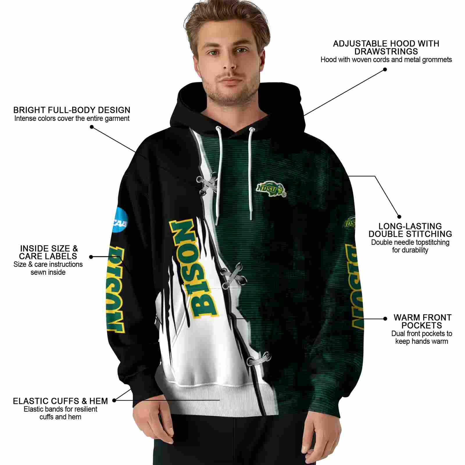 north dakota state bison ripped pattern green black white hoodie latest model