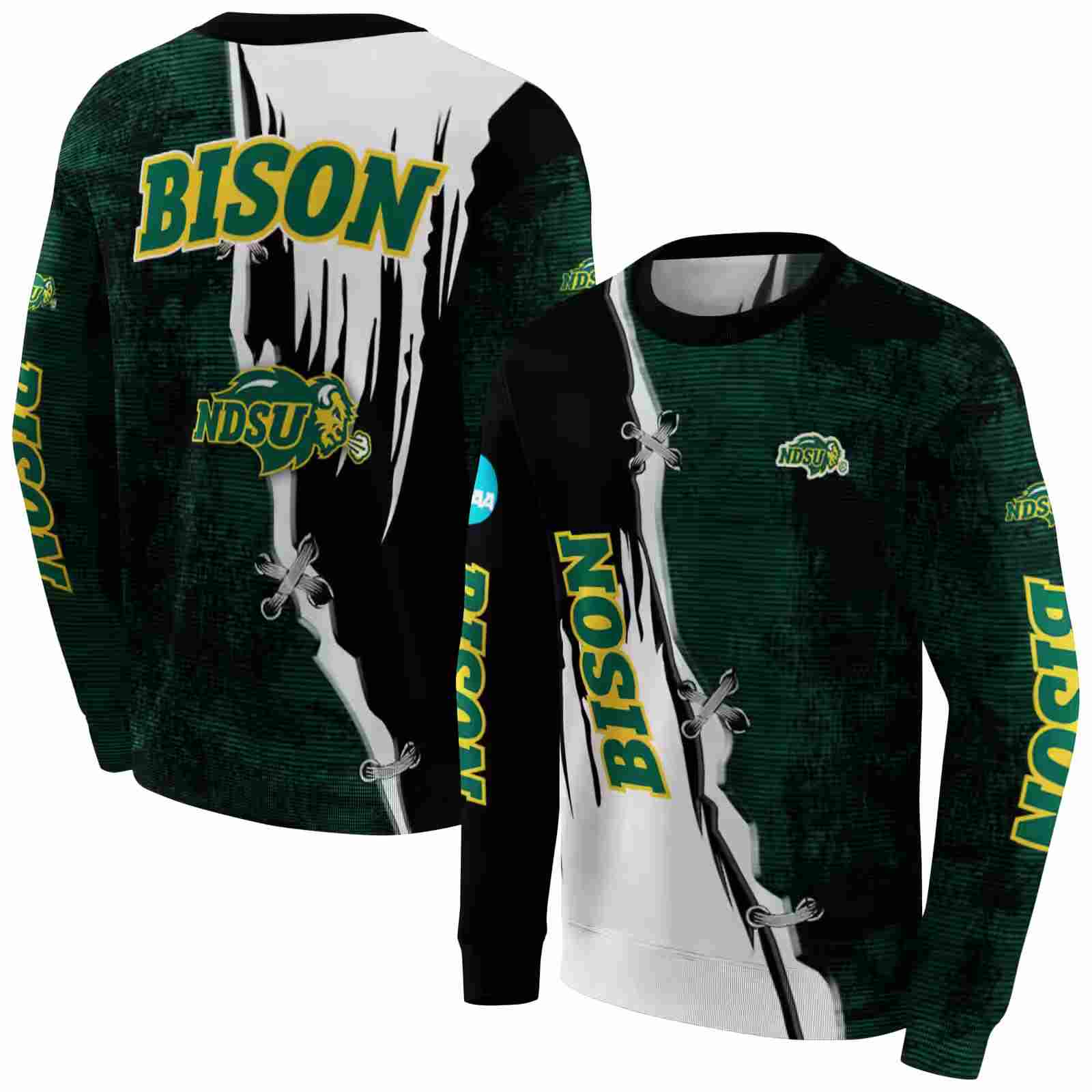 north dakota state bison ripped pattern green black white hoodie premium grade