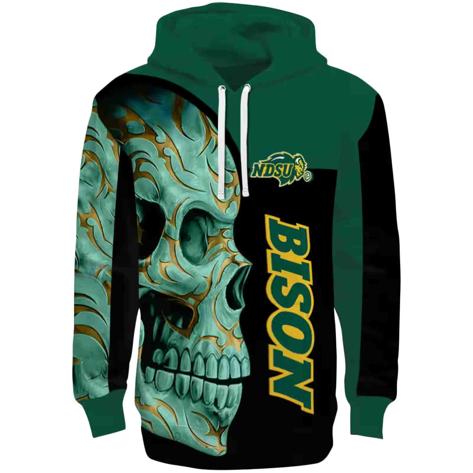 North Dakota State Bison Skull Motif Green Black Hoodie