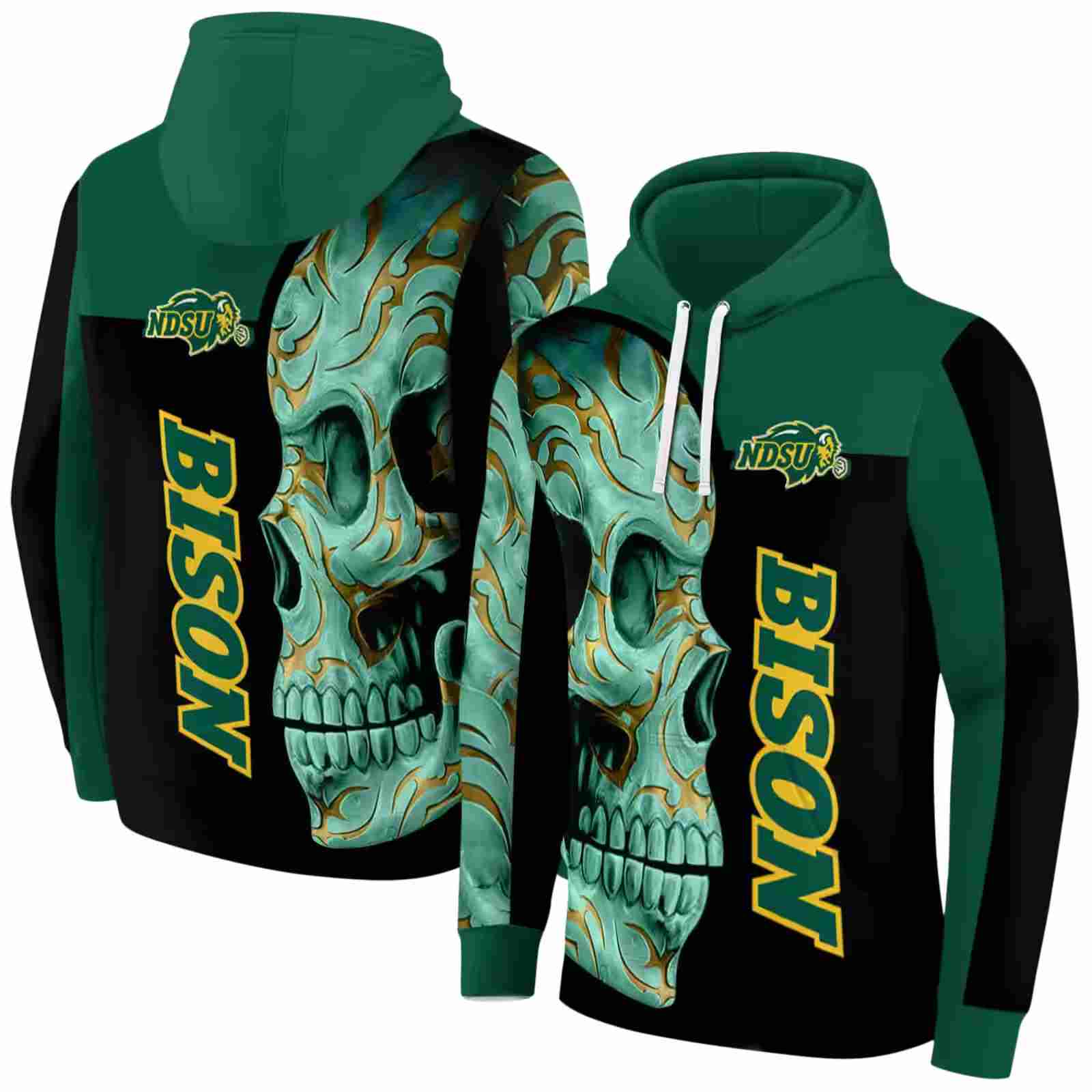 north dakota state bison skull motif green black hoodie fashion forward