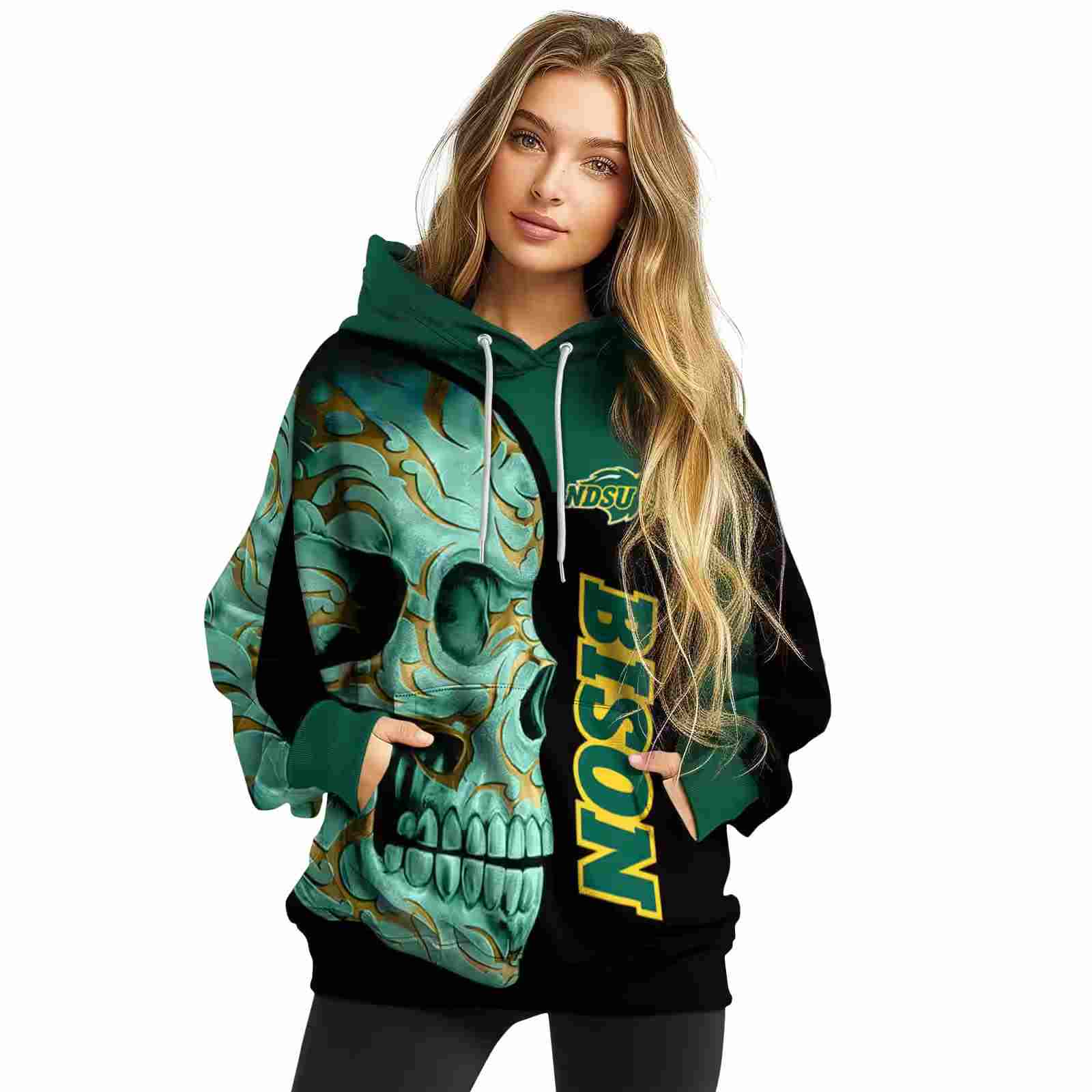 north dakota state bison skull motif green black hoodie high quality