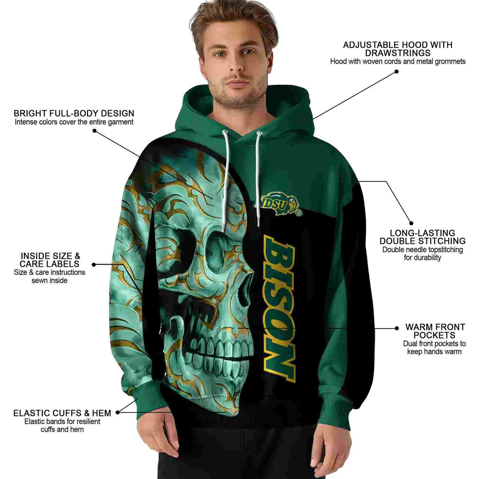 north dakota state bison skull motif green black hoodie latest model