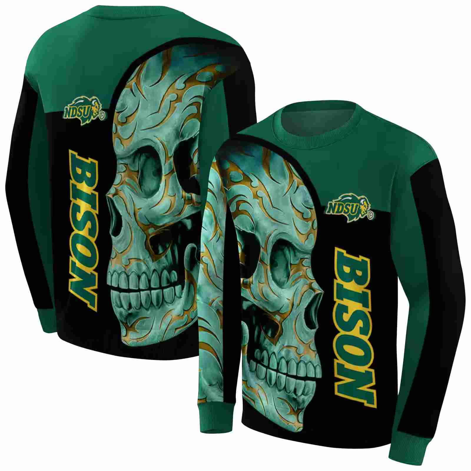 north dakota state bison skull motif green black hoodie premium grade