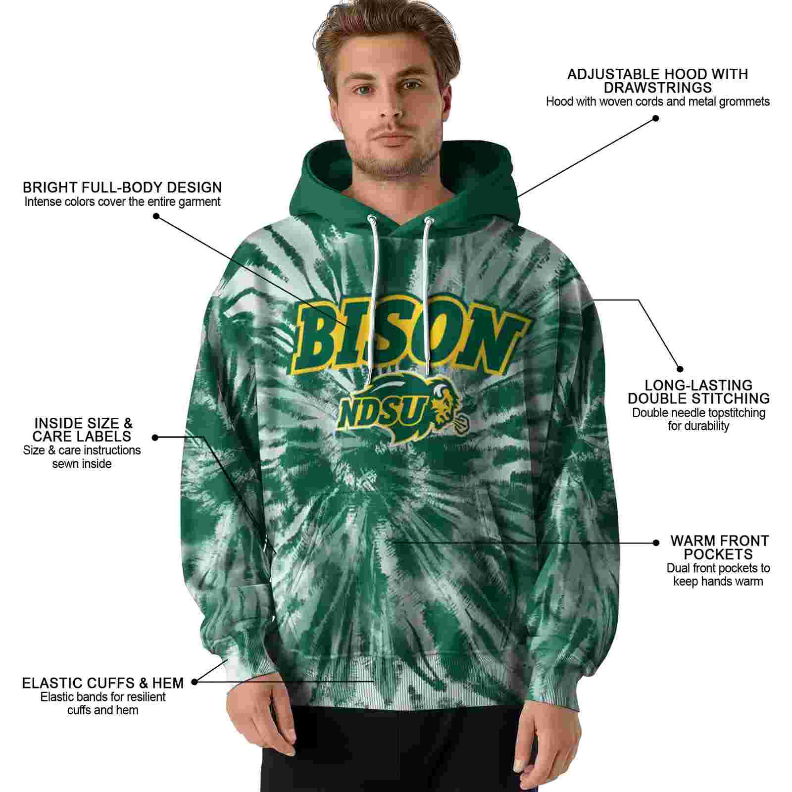 north dakota state bison tie dye pattern green hoodie latest model