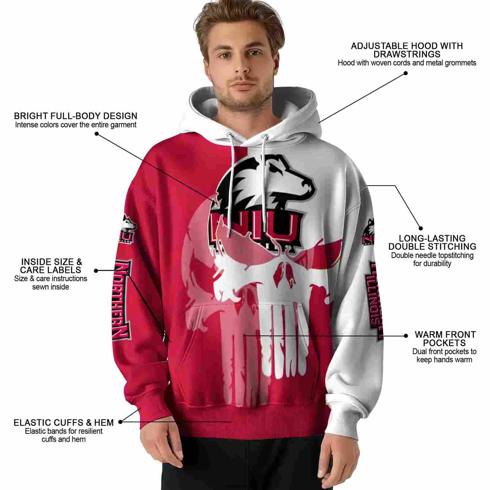 northern illinois huskies graphic punisher red white hoodie latest model