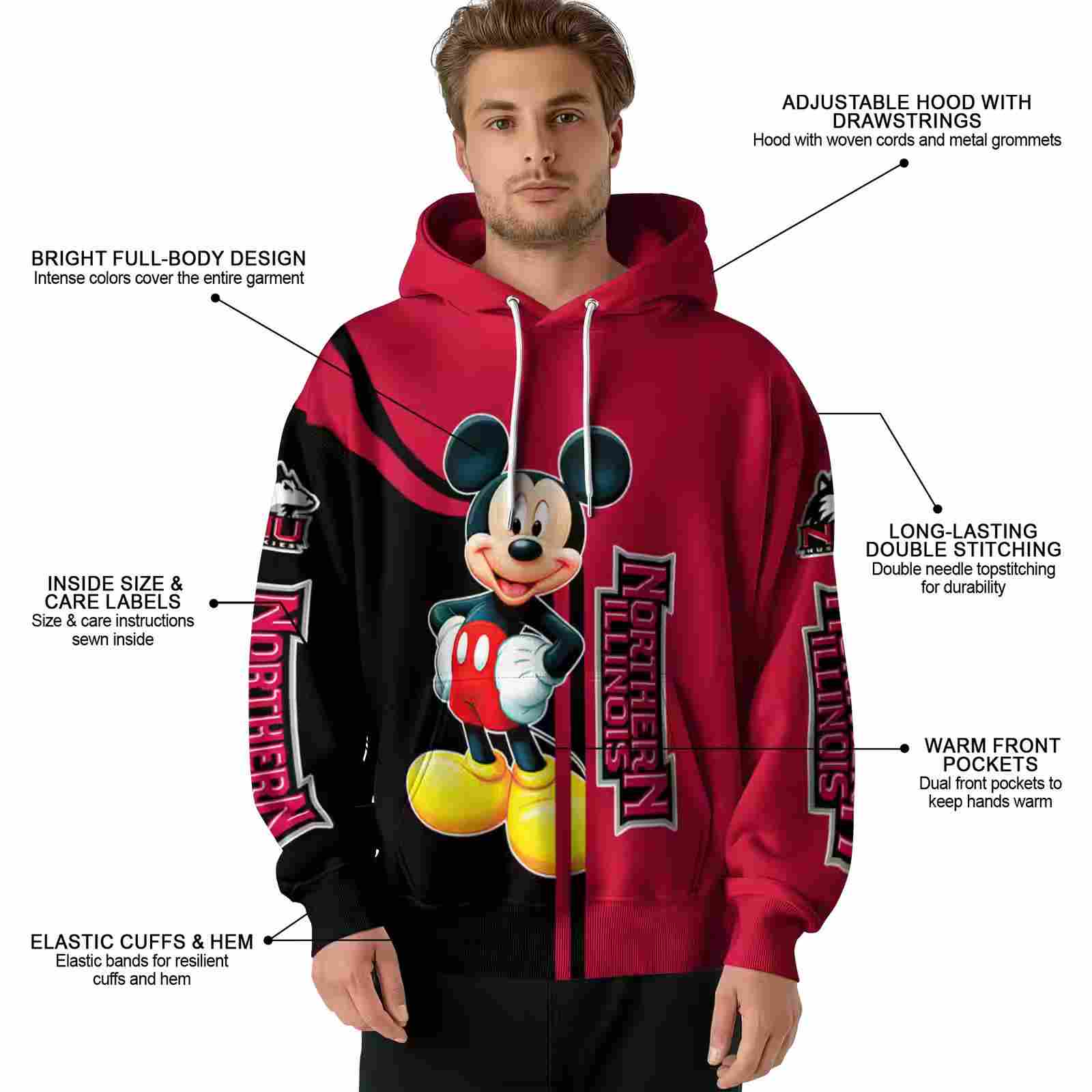 northern illinois huskies mickey mouse red black hoodie latest model