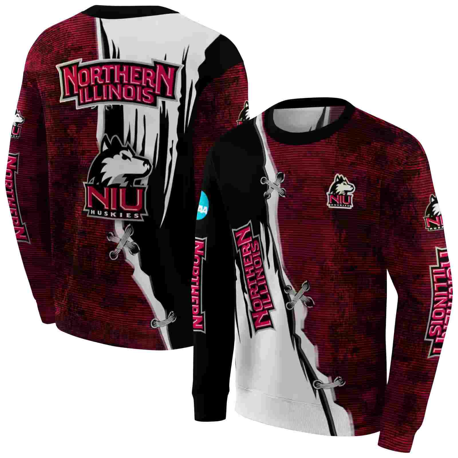 northern illinois huskies ripped pattern red black white hoodie premium grade