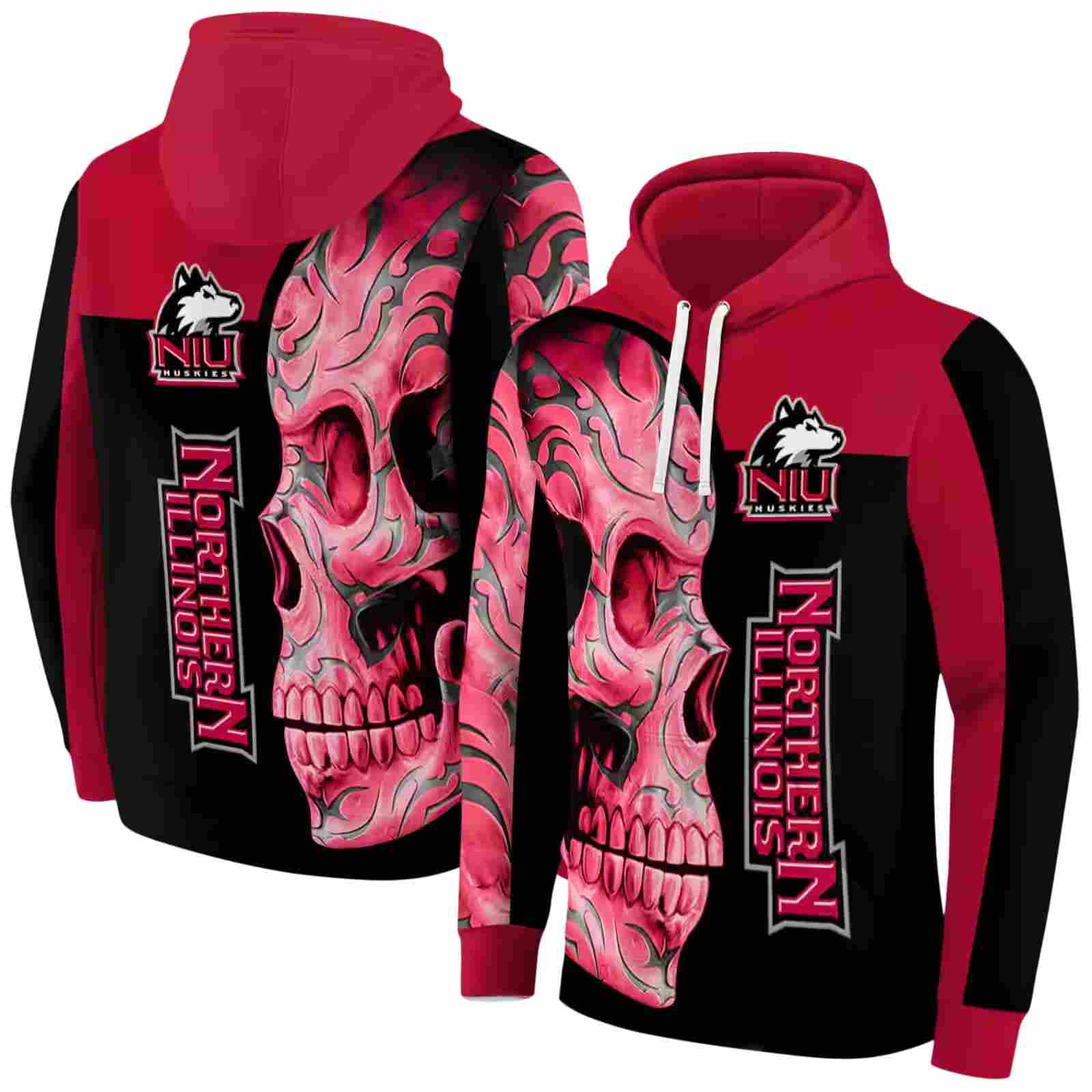 northern illinois huskies skull motif red black hoodie fashion forward