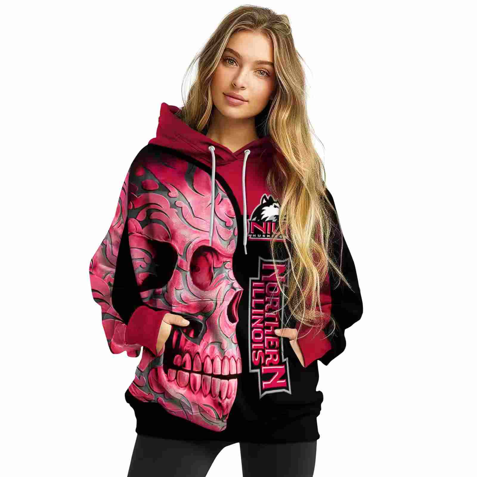 northern illinois huskies skull motif red black hoodie high quality