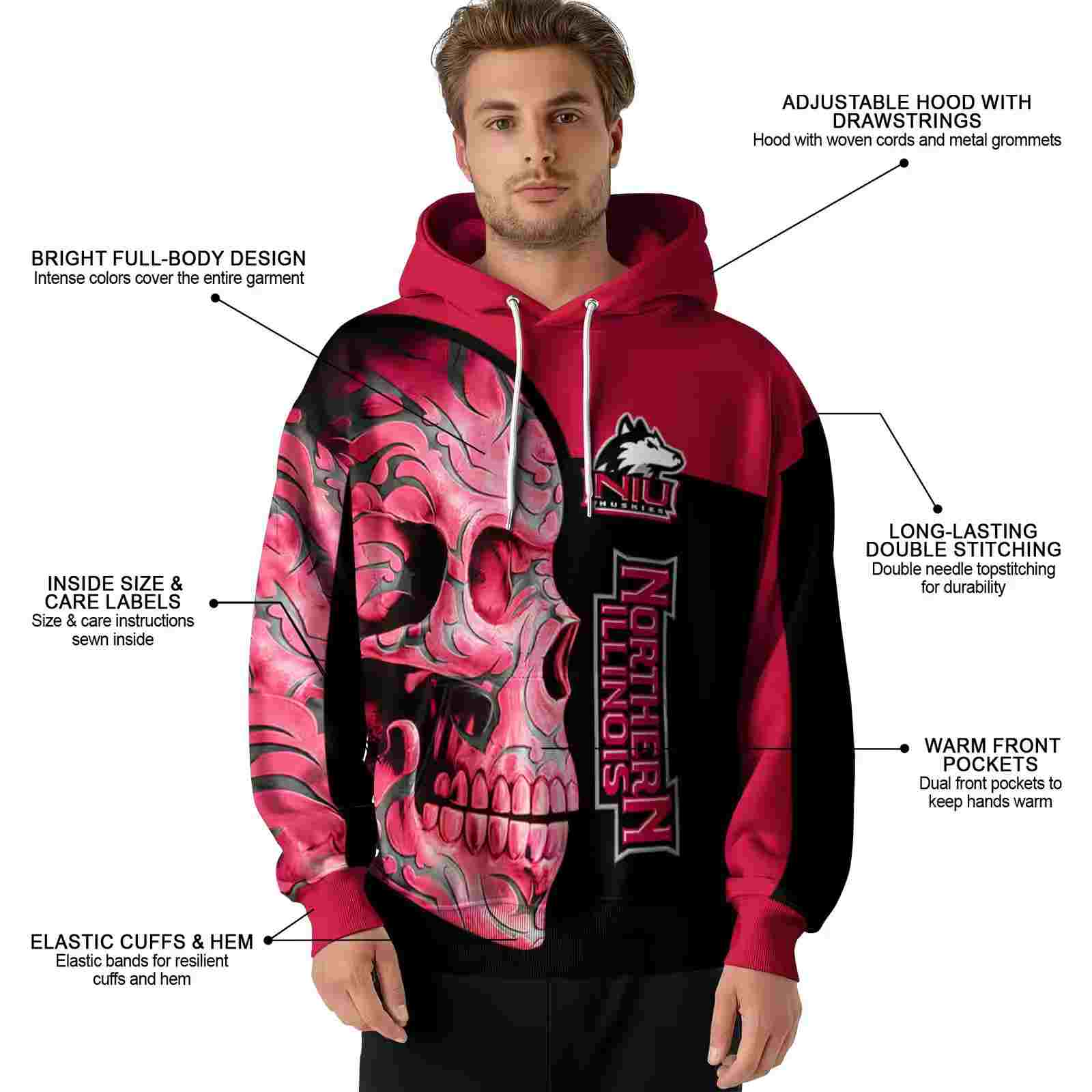 northern illinois huskies skull motif red black hoodie latest model