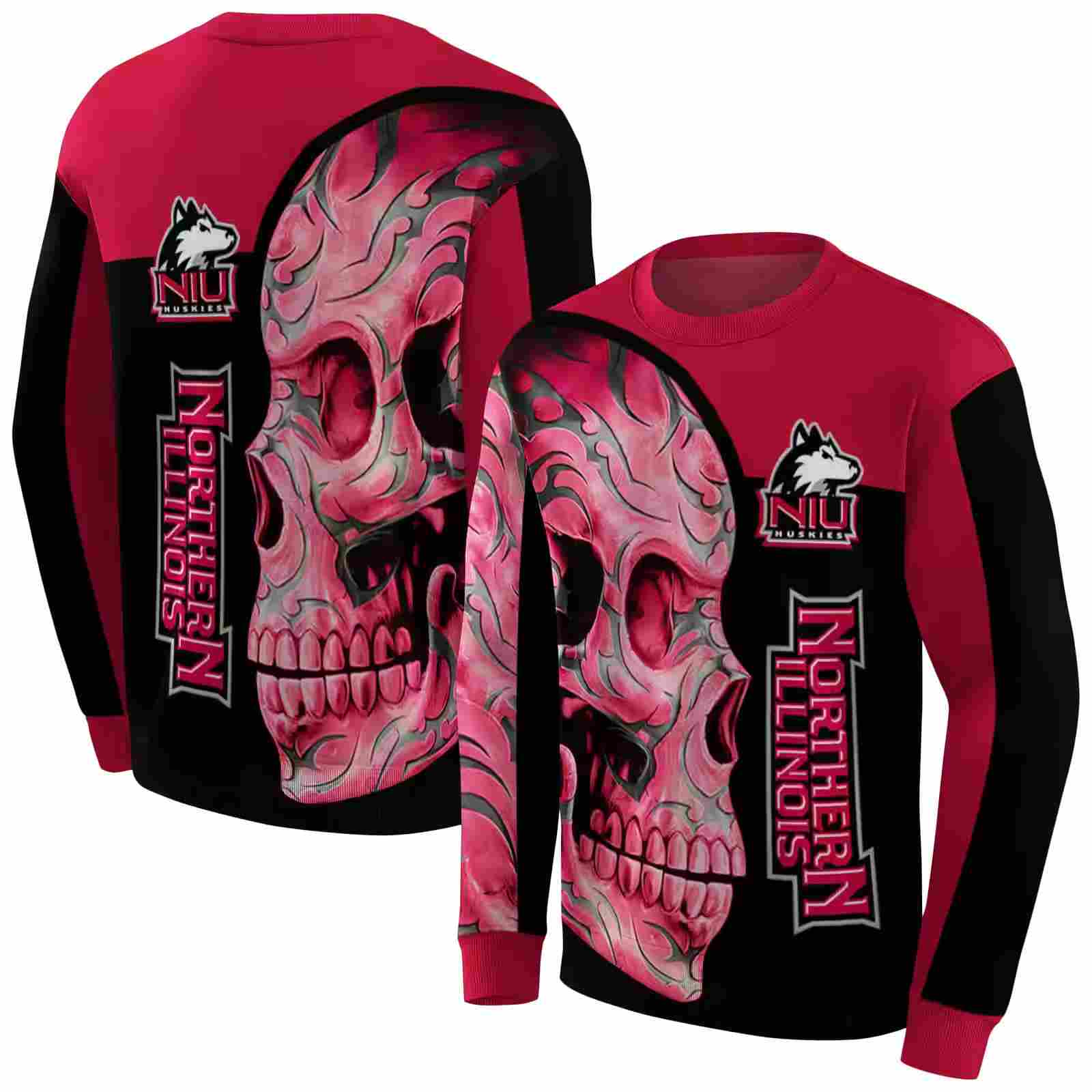 northern illinois huskies skull motif red black hoodie premium grade