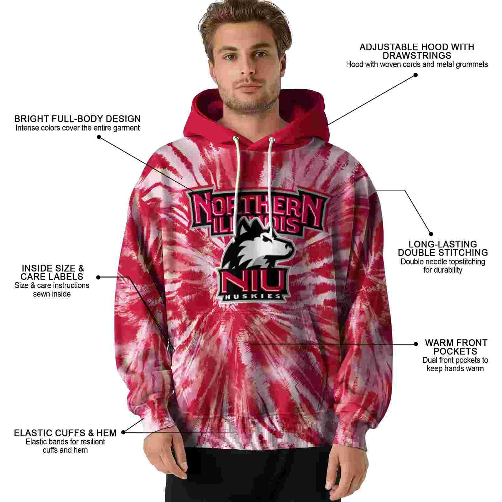 northern illinois huskies tie dye pattern red hoodie latest model